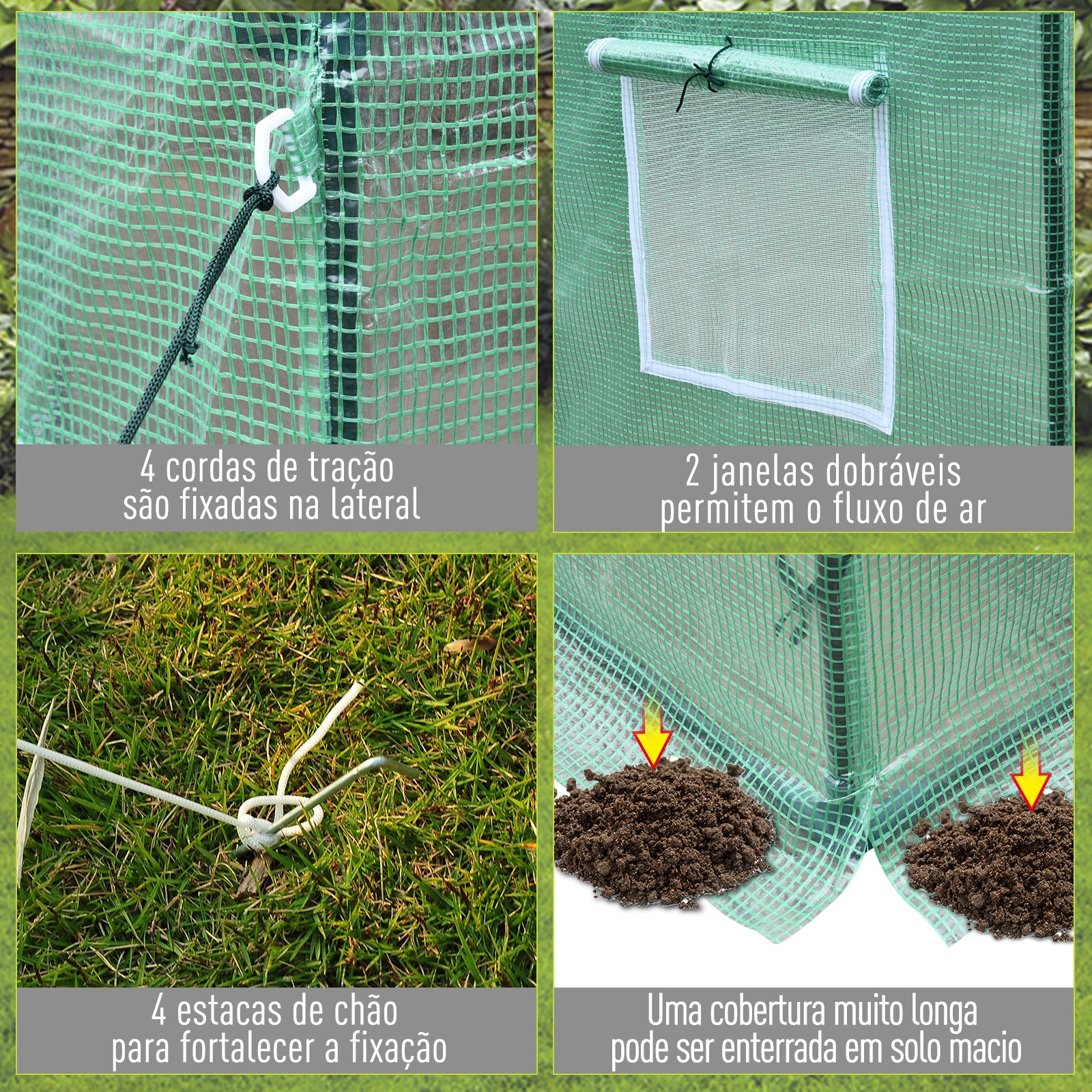 Estufa de Jardim Verde 200x73x168 cm com Tubos de Aço, 1 Porta e 2 Janelas Enroláveis