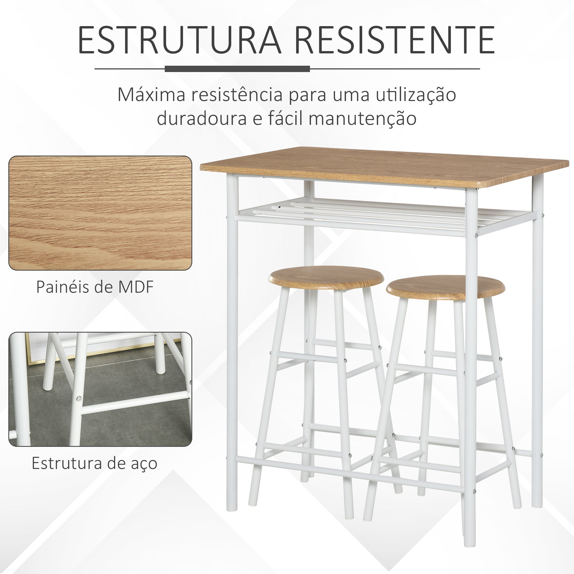 Conjunto de Mesa Alta e 2 Bancos com Prateleira de Armazenamento - 80x50x90 cm - Madeira e Branco