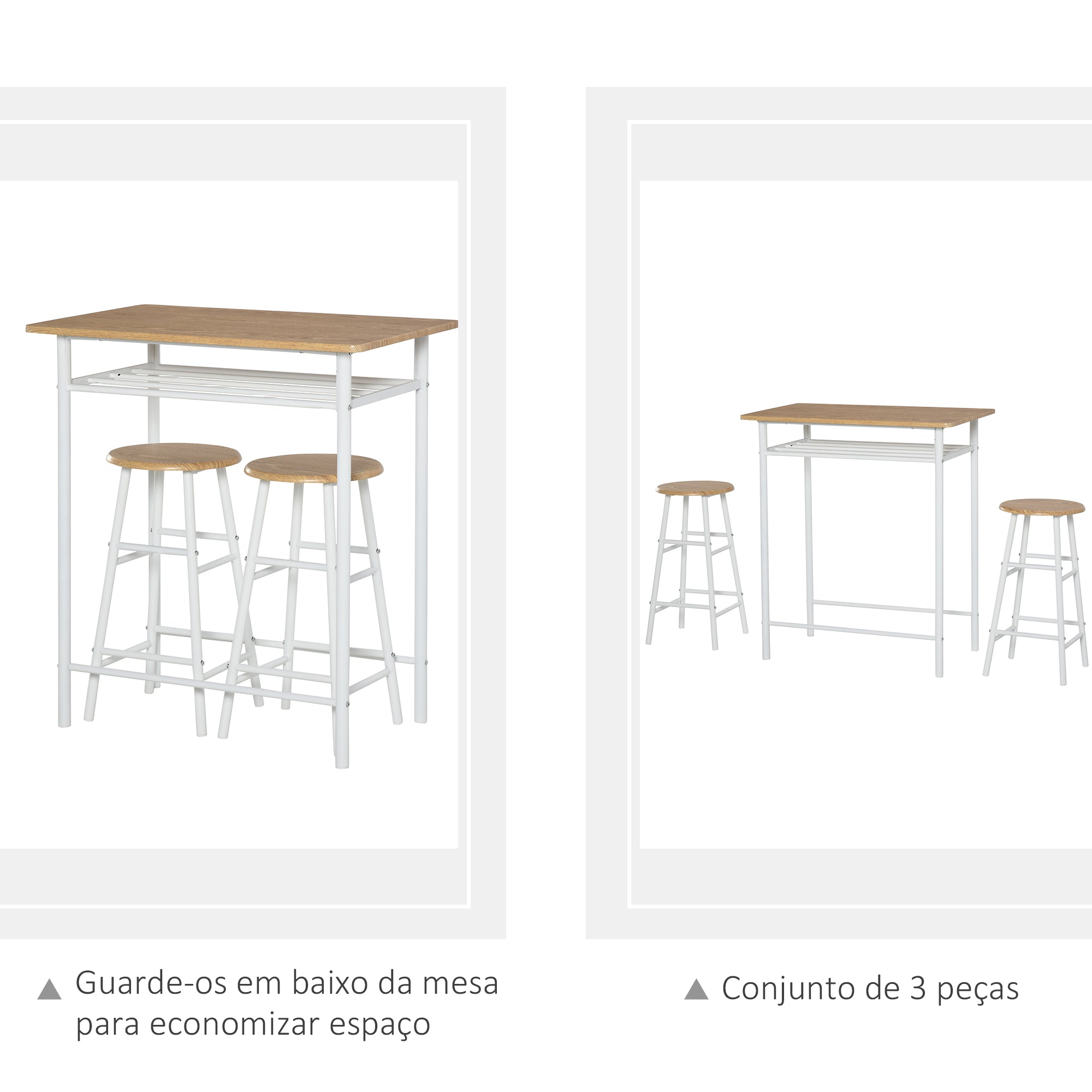 Conjunto de Mesa Alta e 2 Bancos com Prateleira de Armazenamento - 80x50x90 cm - Madeira e Branco