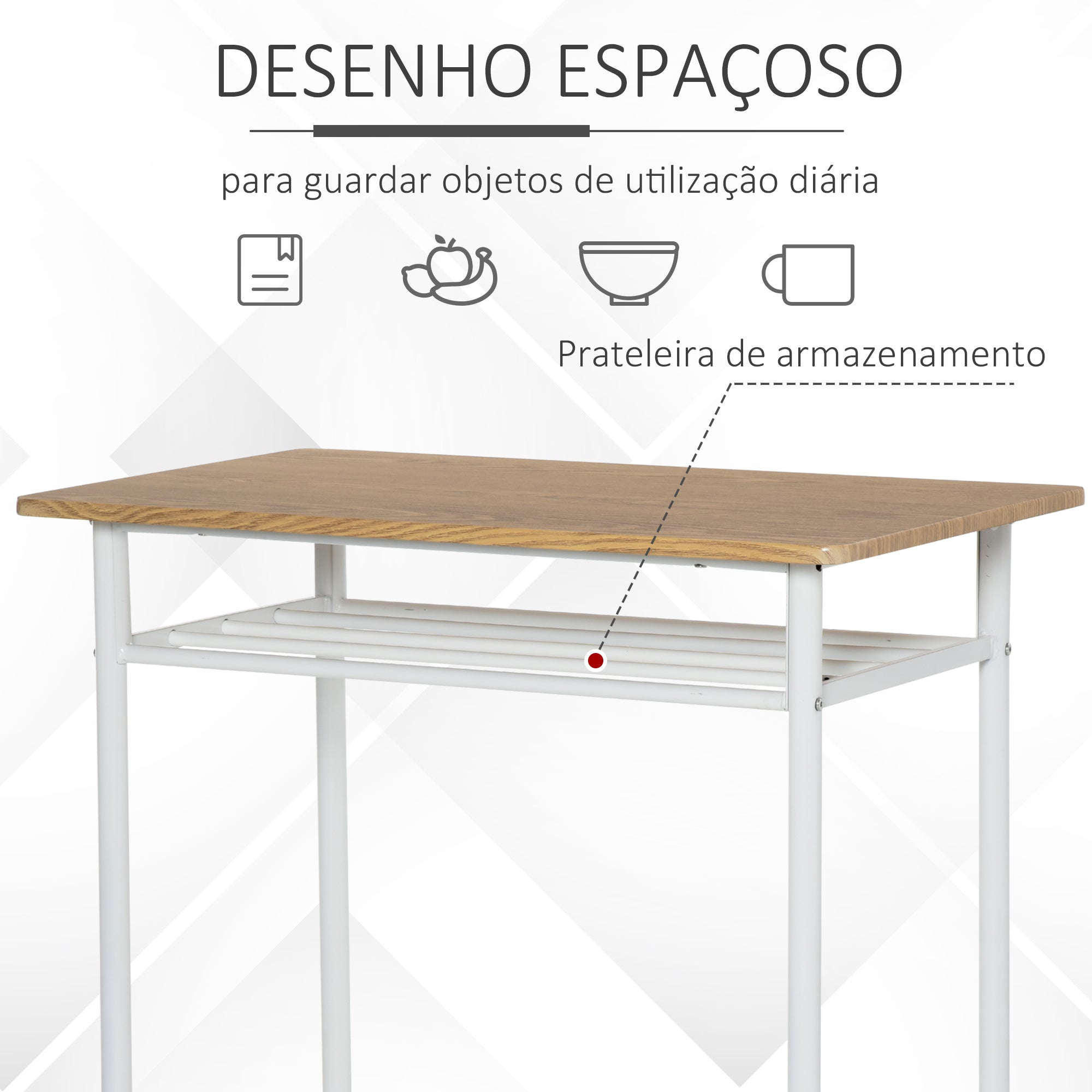 Conjunto de Mesa Alta e 2 Bancos com Prateleira de Armazenamento - 80x50x90 cm - Madeira e Branco