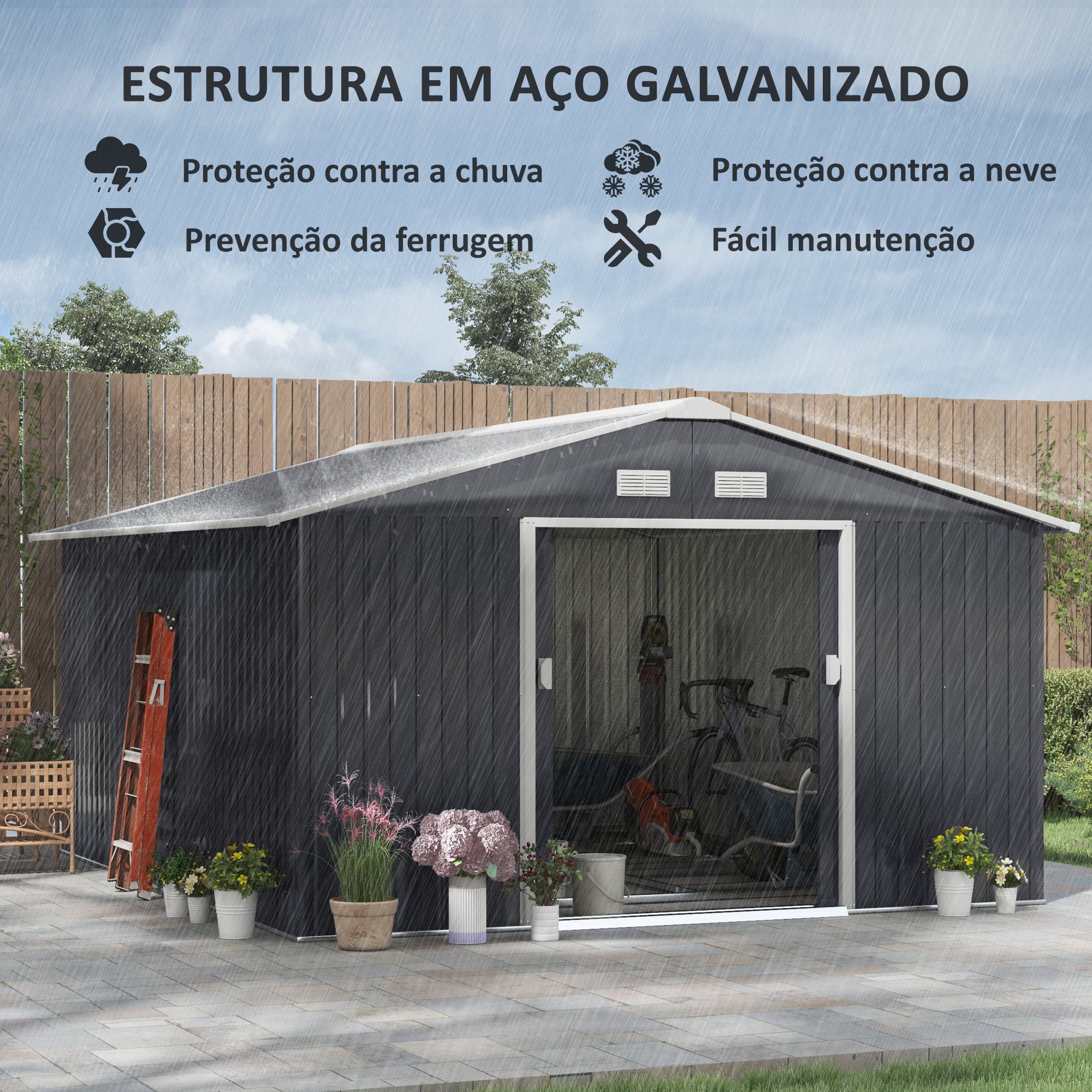 Abrigo de Jardim Metálico 340x386x200cm Cinza e Branco