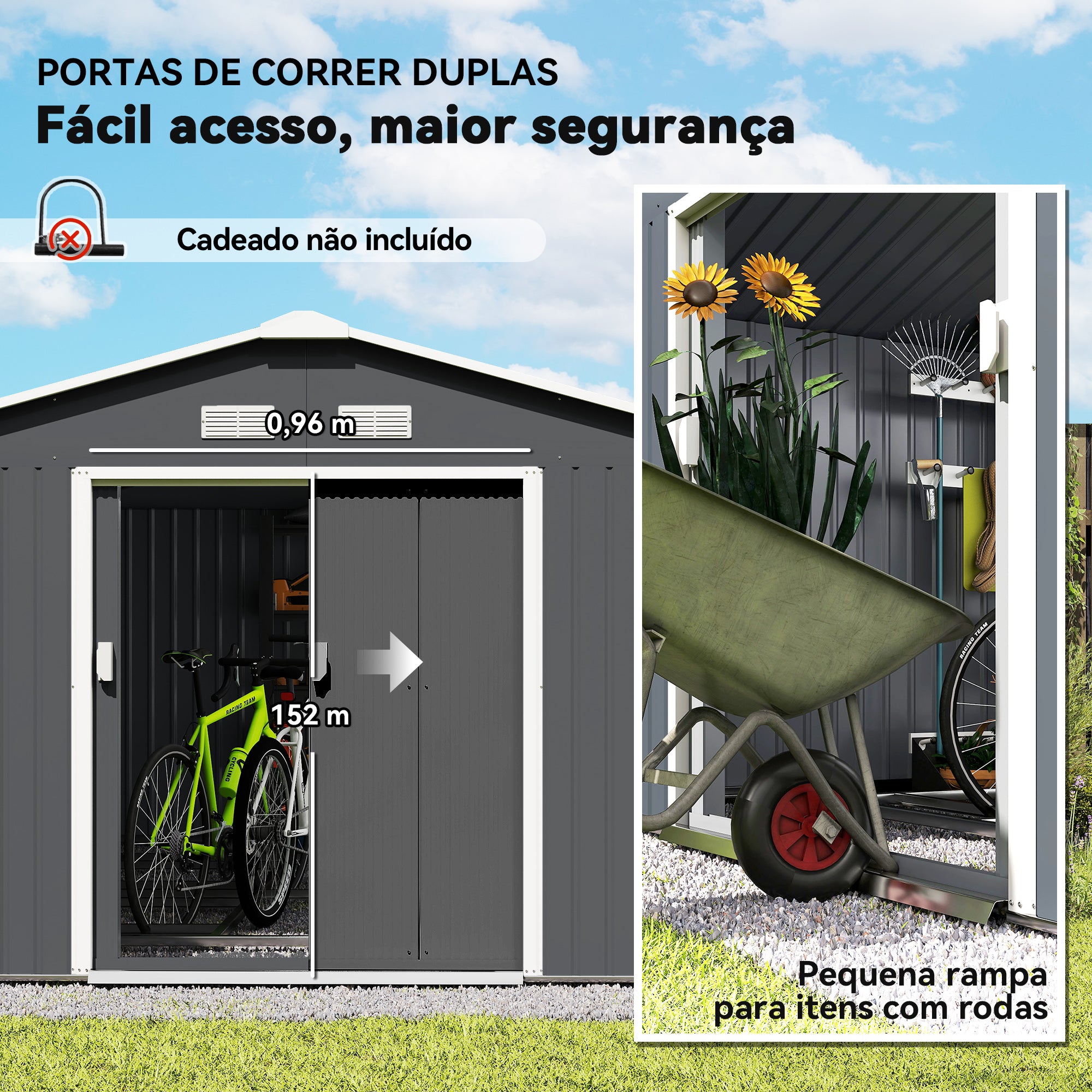 Abrigo de Jardim Metálico 340x386x200cm Cinza e Branco