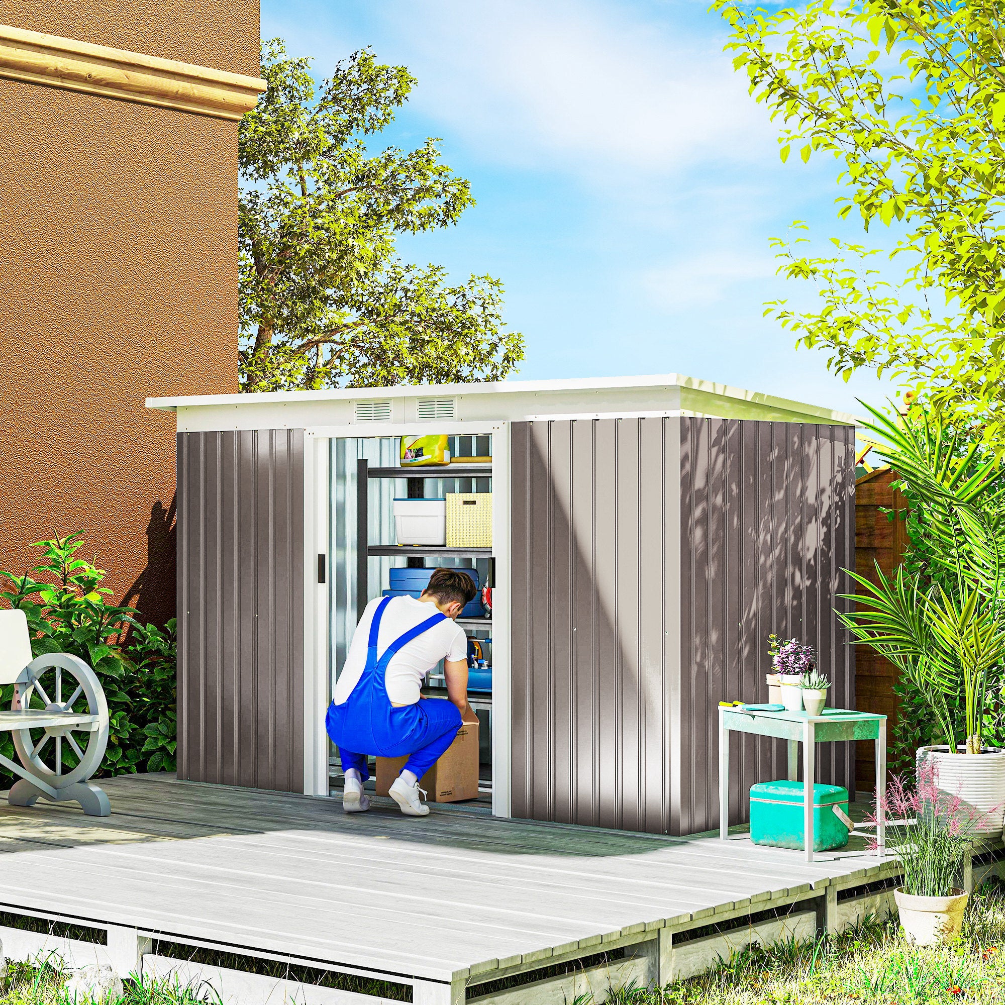 Abrigo de Jardim 280x130x172 cm Cinza - Estrutura de Aço Galvanizado