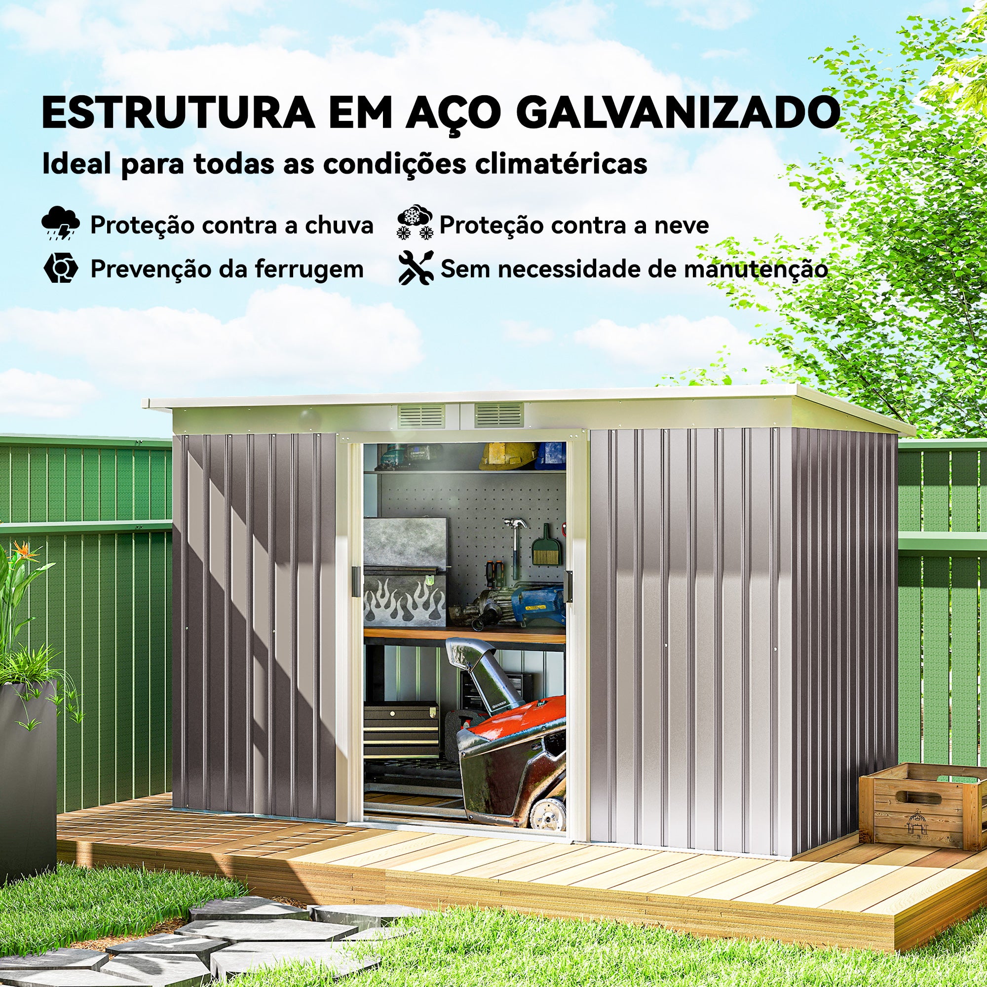 Abrigo de Jardim 280x130x172 cm Cinza - Estrutura de Aço Galvanizado