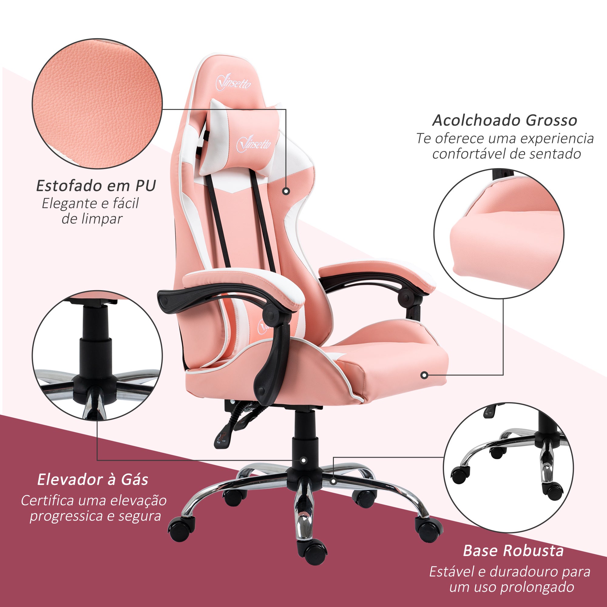 Cadeira Gaming Ergonômica Rosa e Branco 63x67x122-130cm