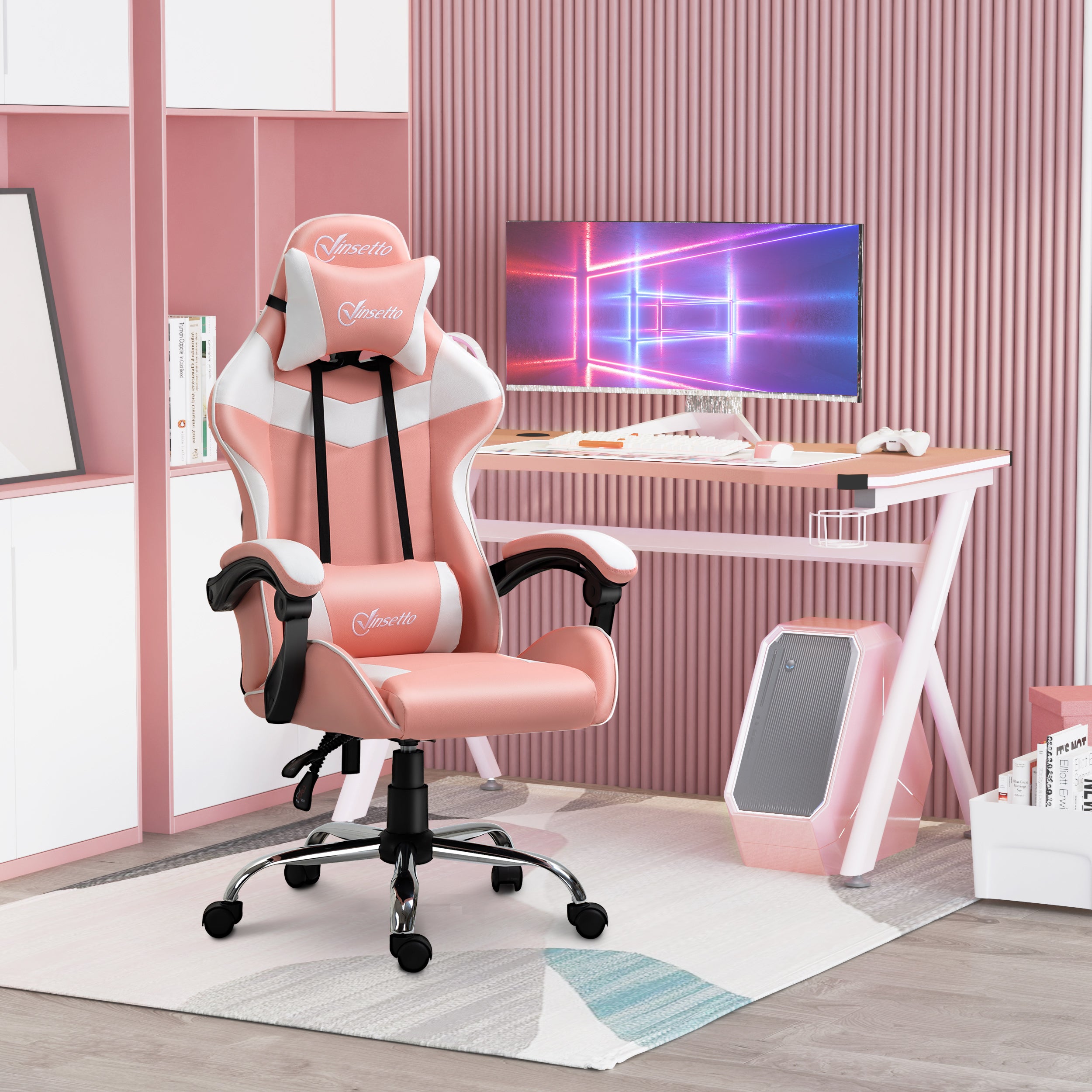 Cadeira Gaming Ergonômica Rosa e Branco 63x67x122-130cm
