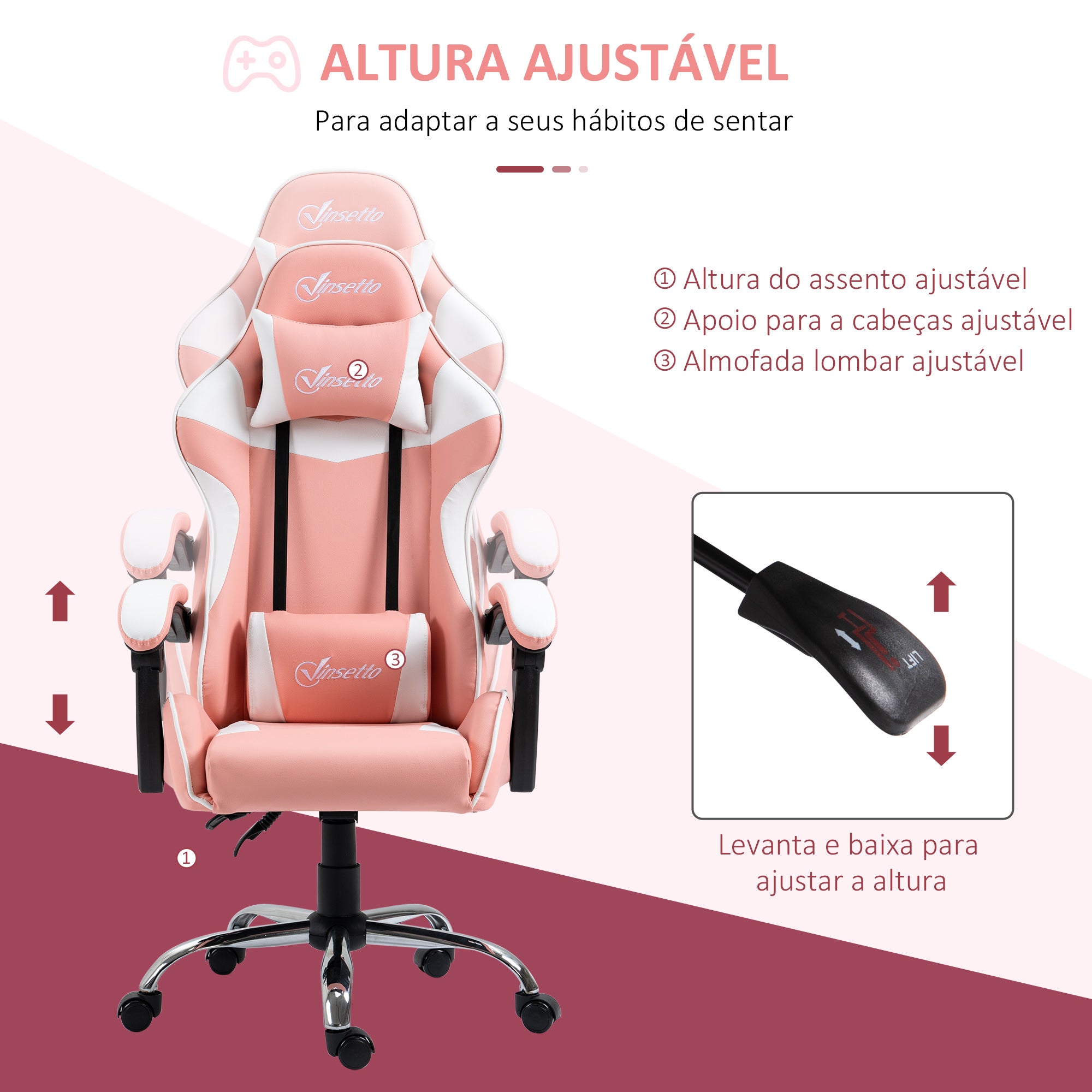 Cadeira Gaming Ergonômica Rosa e Branco 63x67x122-130cm