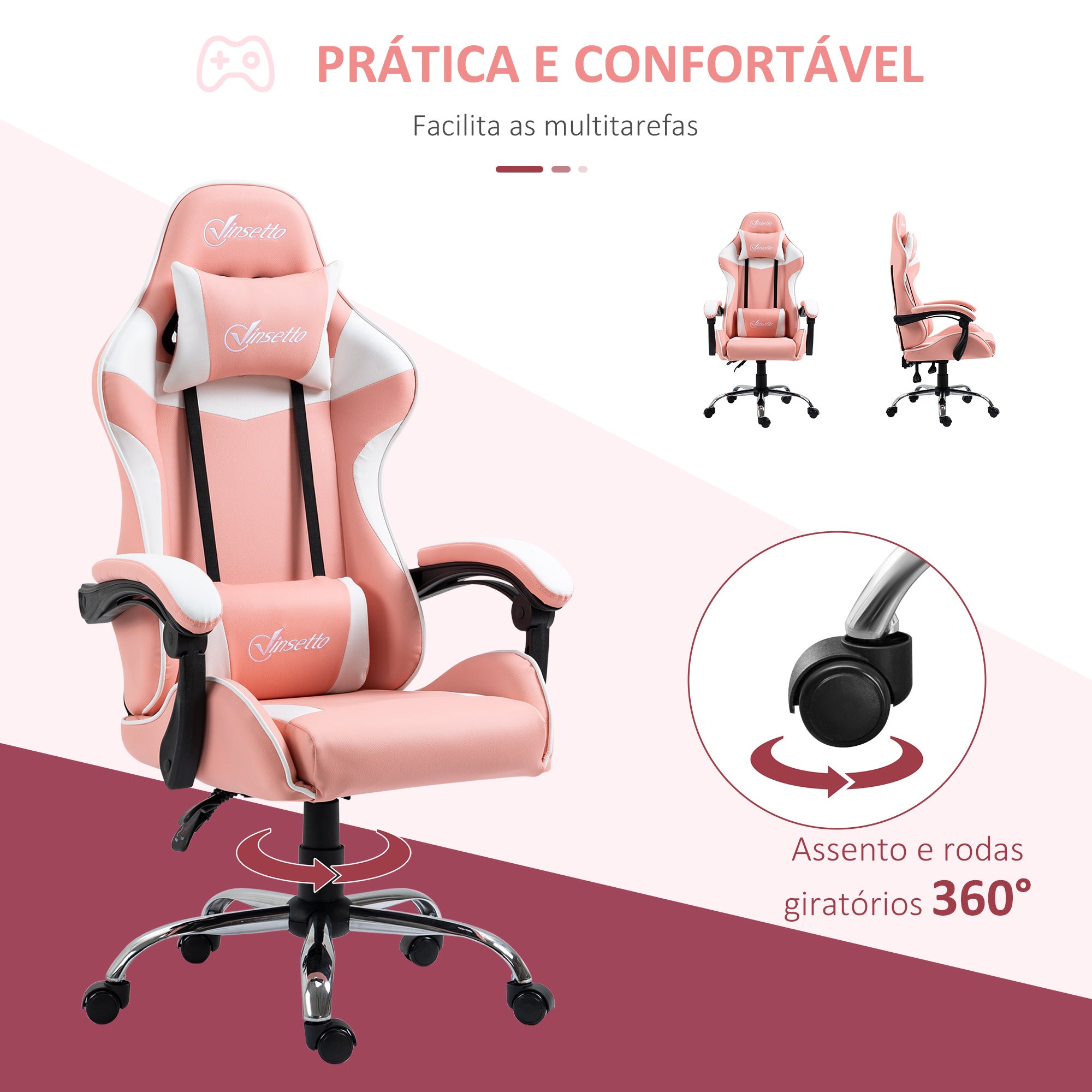 Cadeira Gaming Ergonômica Rosa e Branco 63x67x122-130cm