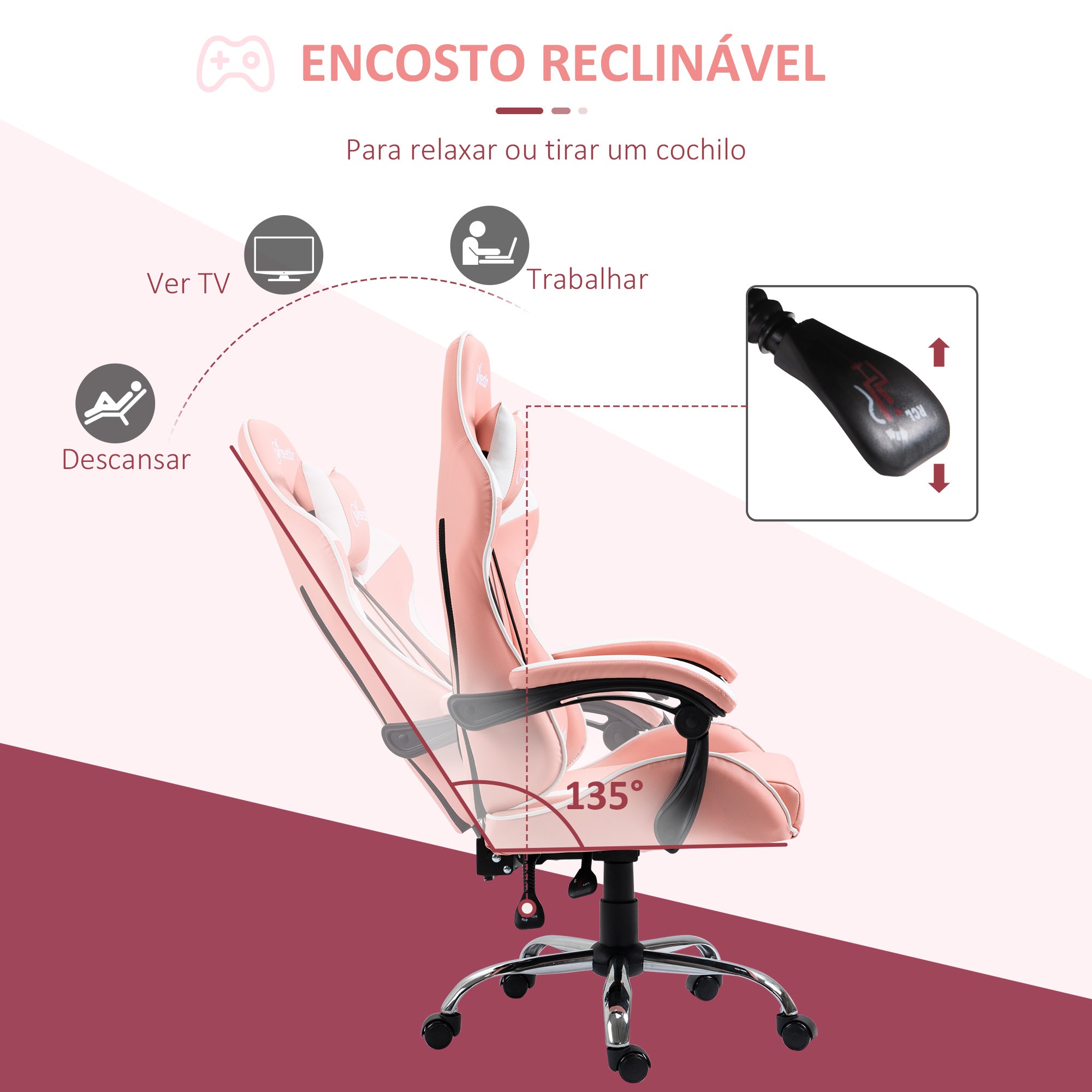 Cadeira Gaming Ergonômica Rosa e Branco 63x67x122-130cm