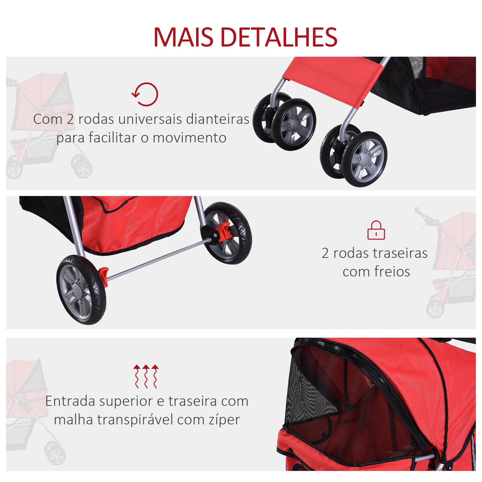 Carrinho de Passeio para Animais de Estimação 75x45x97cm Vermelho