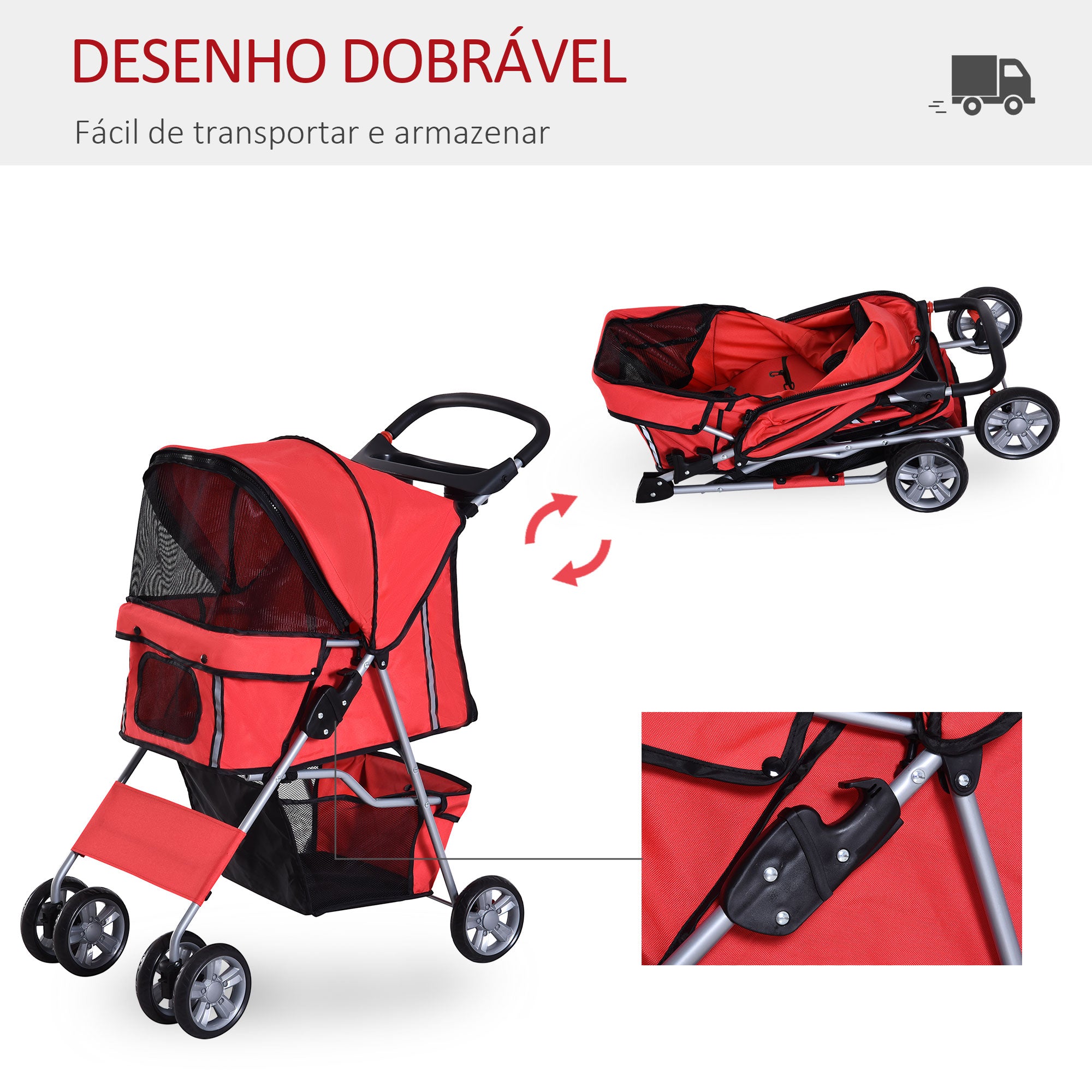 Carrinho de Passeio para Animais de Estimação 75x45x97cm Vermelho