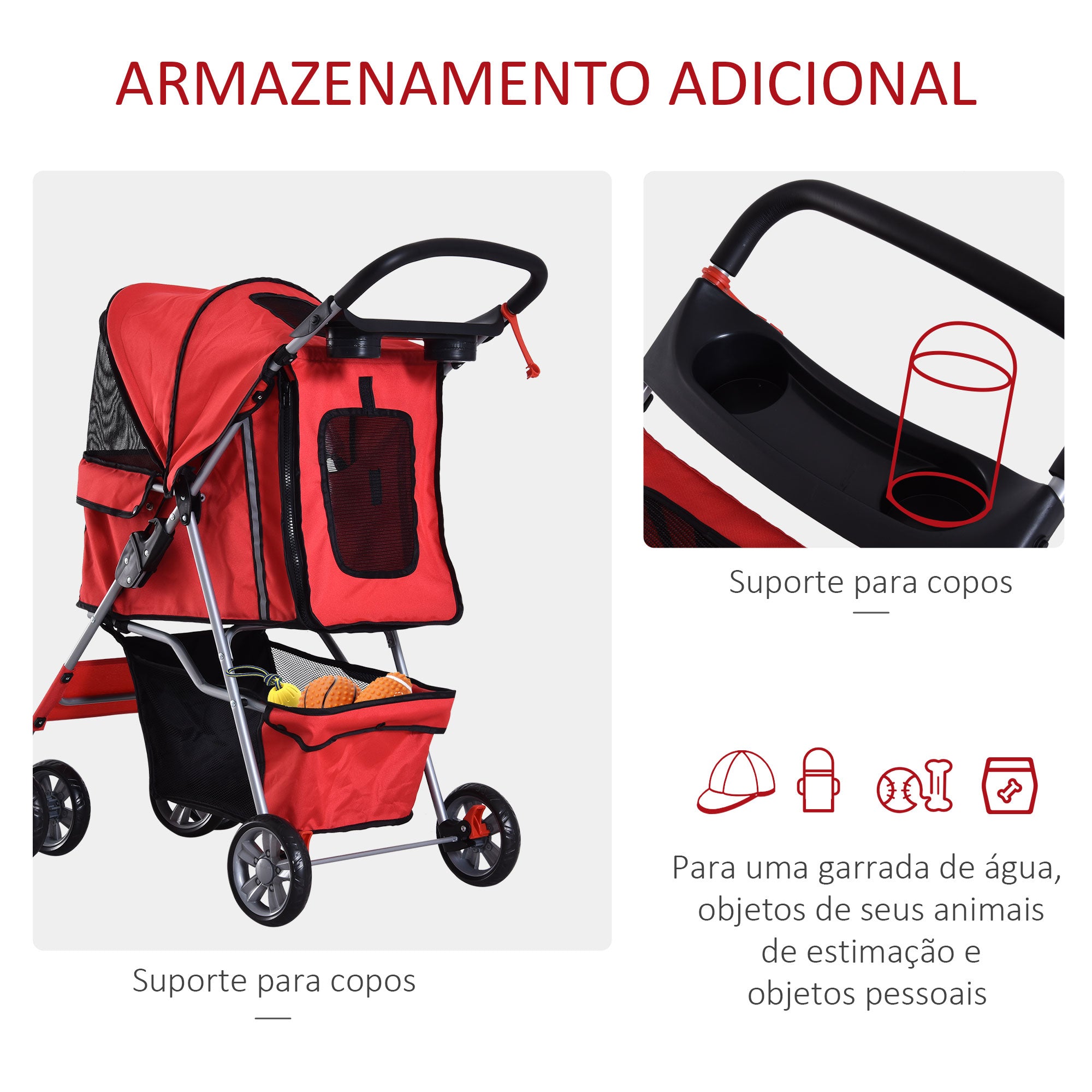 Carrinho de Passeio para Animais de Estimação 75x45x97cm Vermelho
