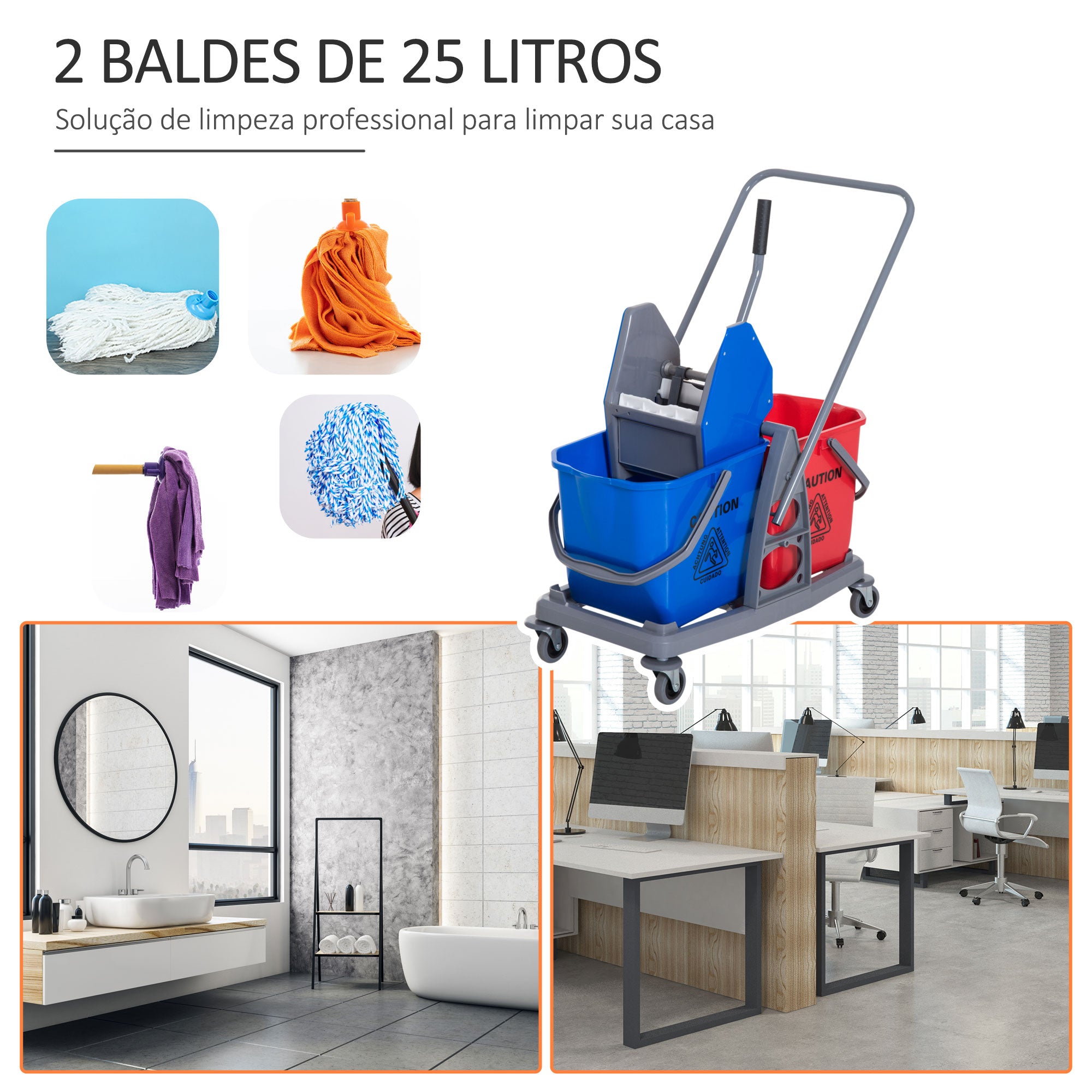 Carrinho de Limpeza Profissional – 73x45x92cm – Vermelho e Azul – Plástico e Metal