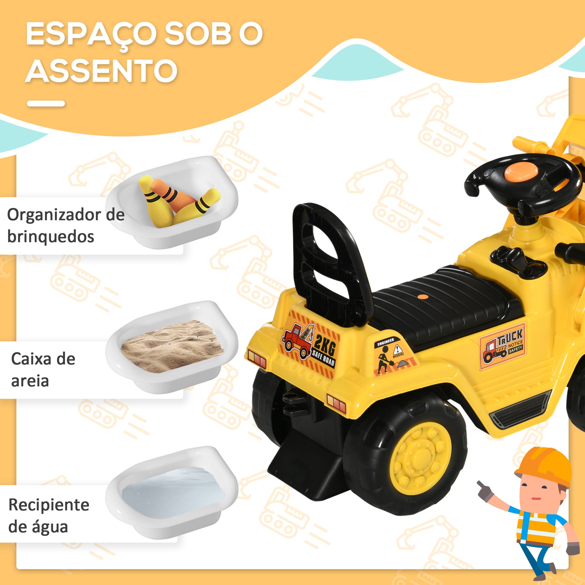 Carro Andador Infantil Escavadora Amarela 83x27x39 cm