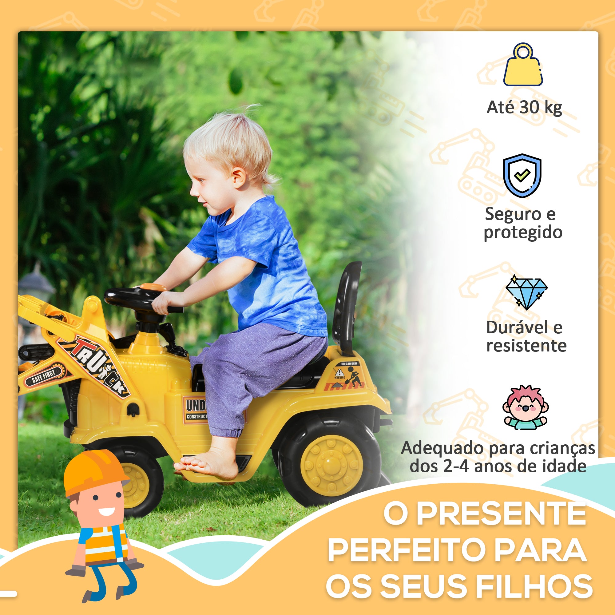 Carro Andador Infantil Escavadora Amarela 83x27x39 cm