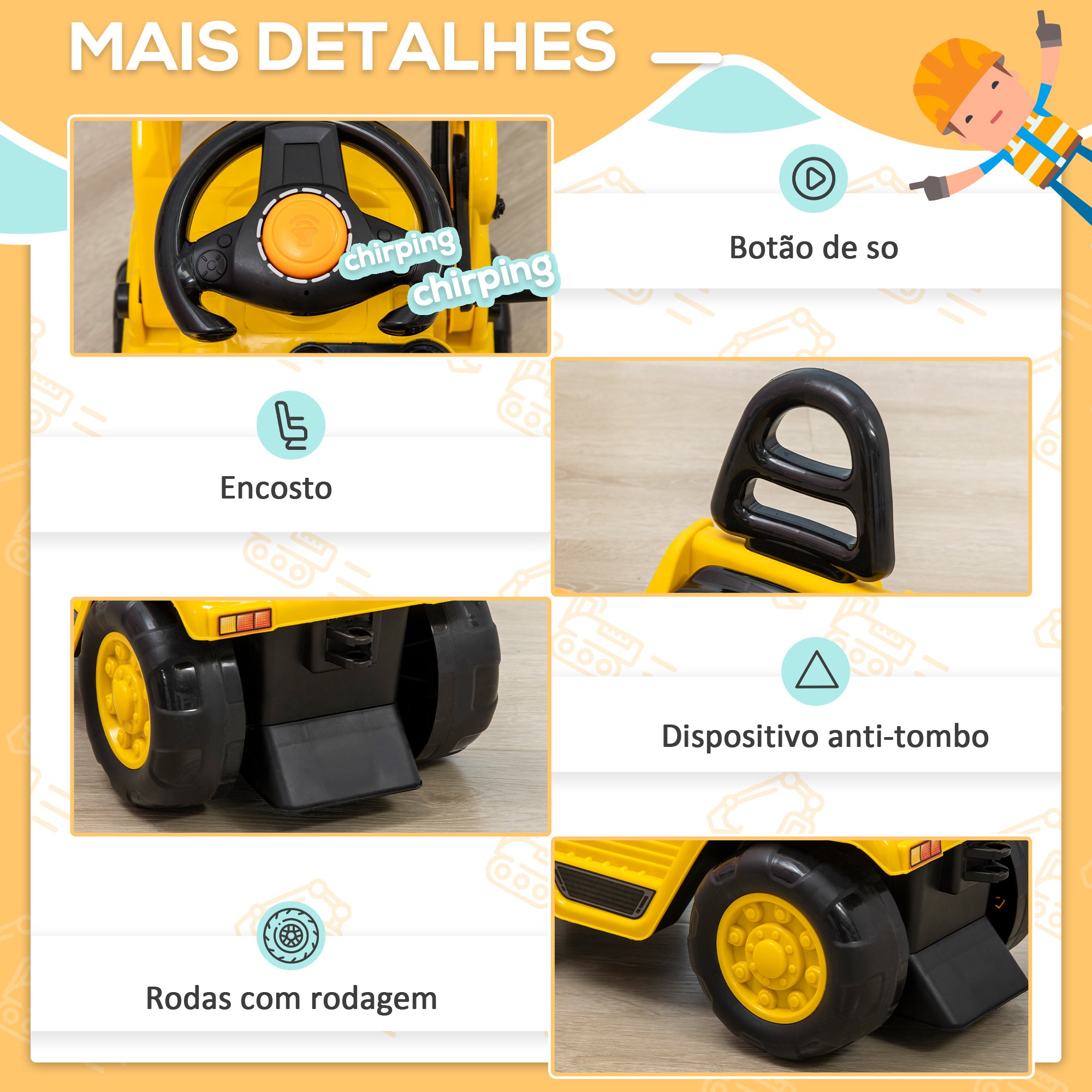 Carro Andador Infantil Escavadora Amarela 83x27x39 cm
