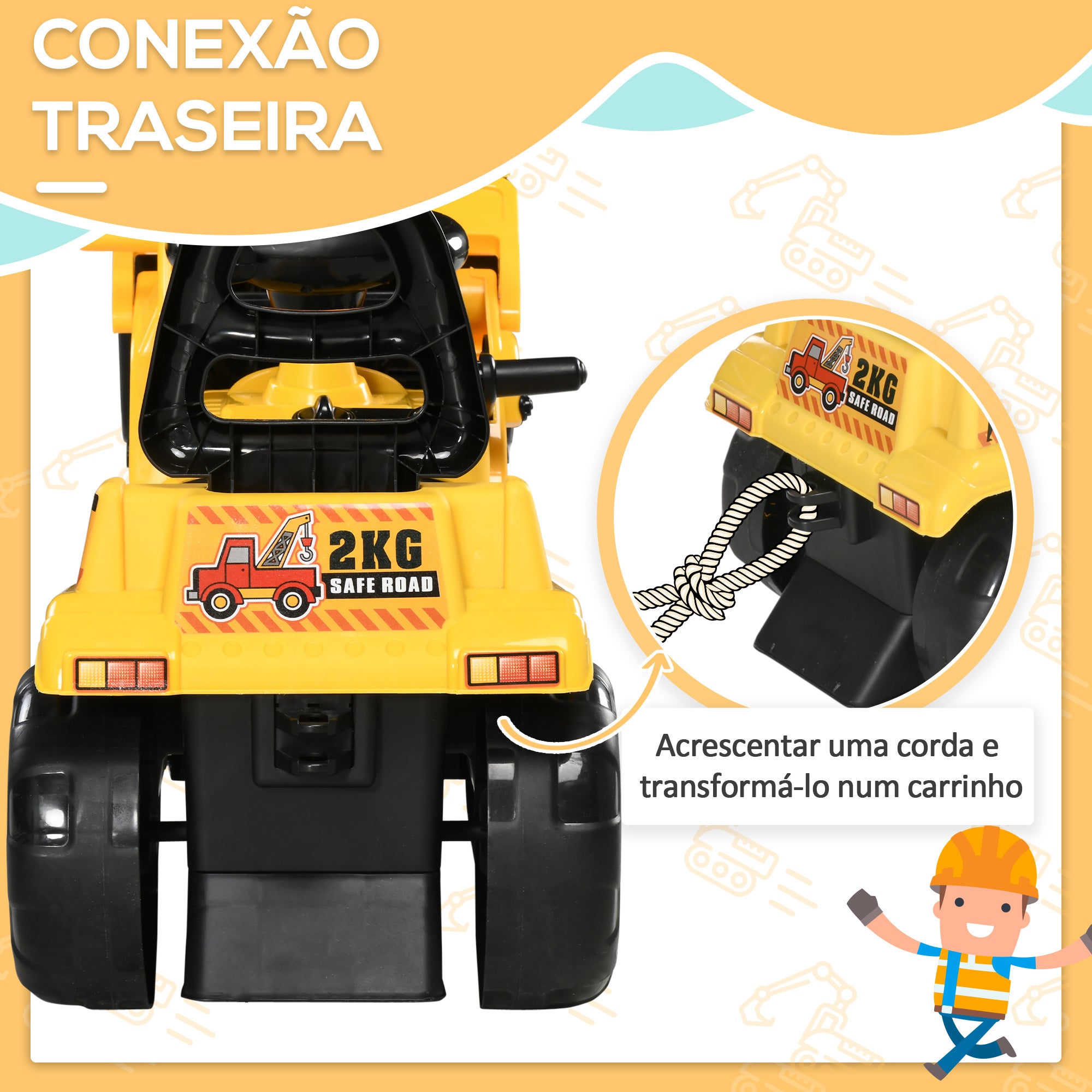 Carro Andador Infantil Escavadora Amarela 83x27x39 cm