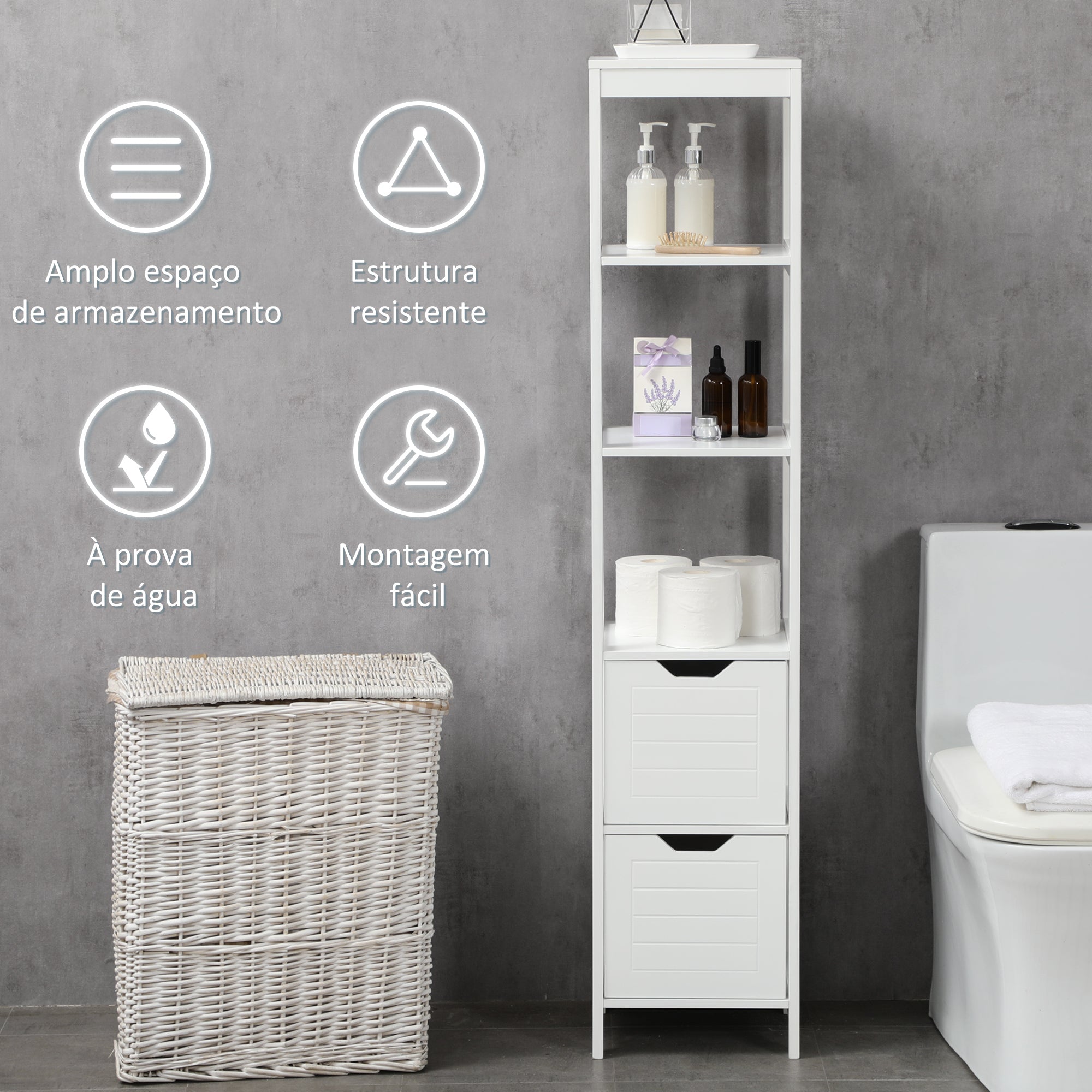 Armário Multiuso 3 Prateleiras e 2 Gavetas - 30x30x144 cm - Branco