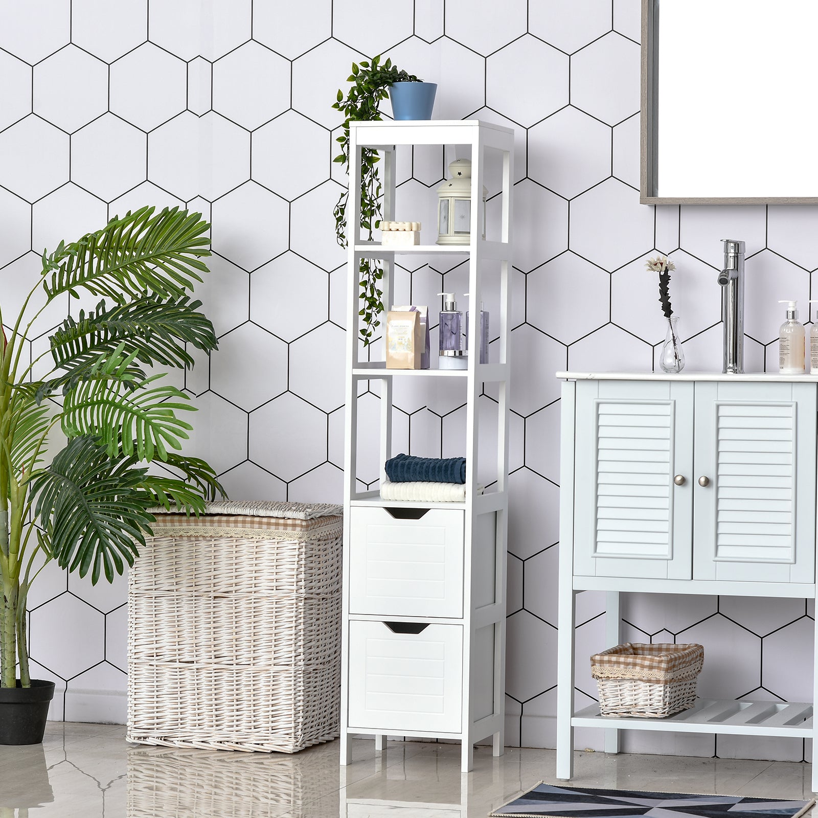 Armário Multiuso 3 Prateleiras e 2 Gavetas - 30x30x144 cm - Branco