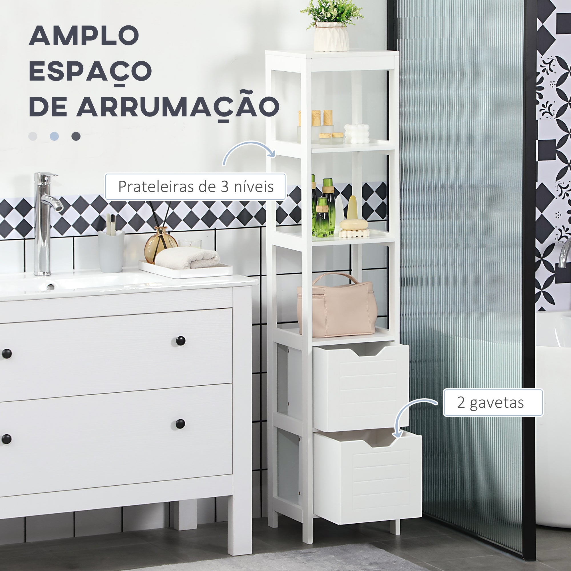 Armário Multiuso 3 Prateleiras e 2 Gavetas - 30x30x144 cm - Branco