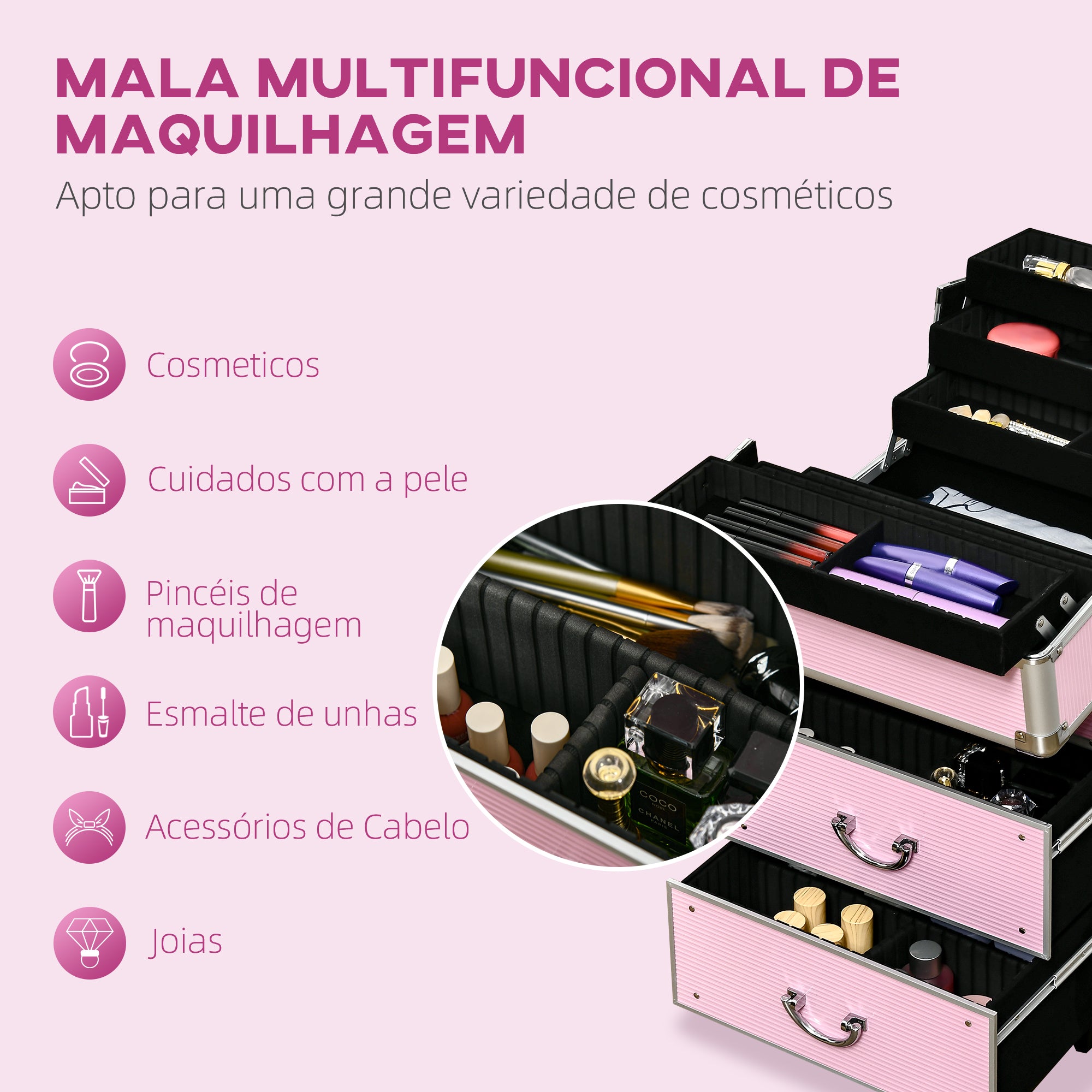 Mala de Maquilhagem Profissional – 36x23x58 cm – Rosa – MDF