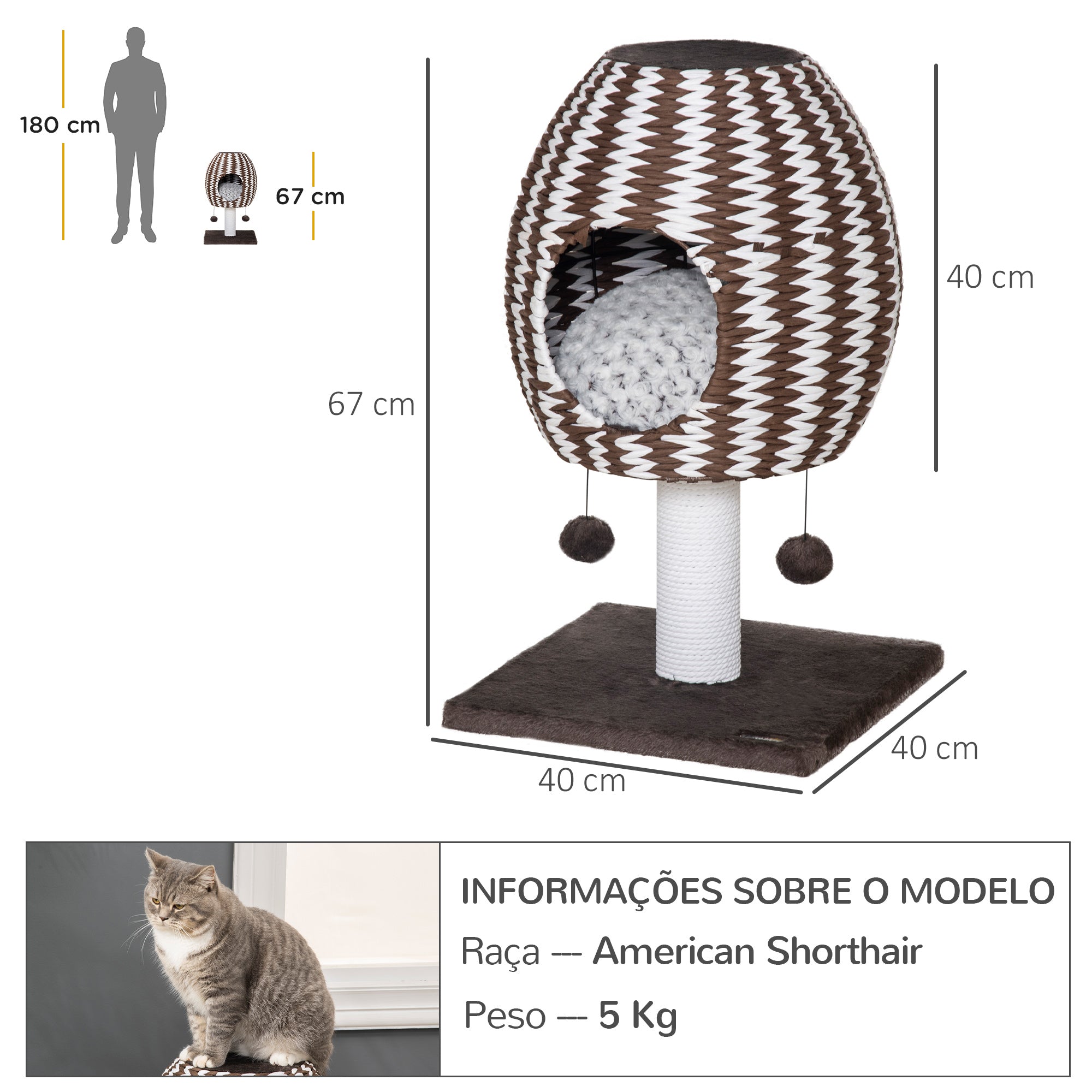 Arranhador para Gatos Café 40x40x67cm com Caverna e Poste
