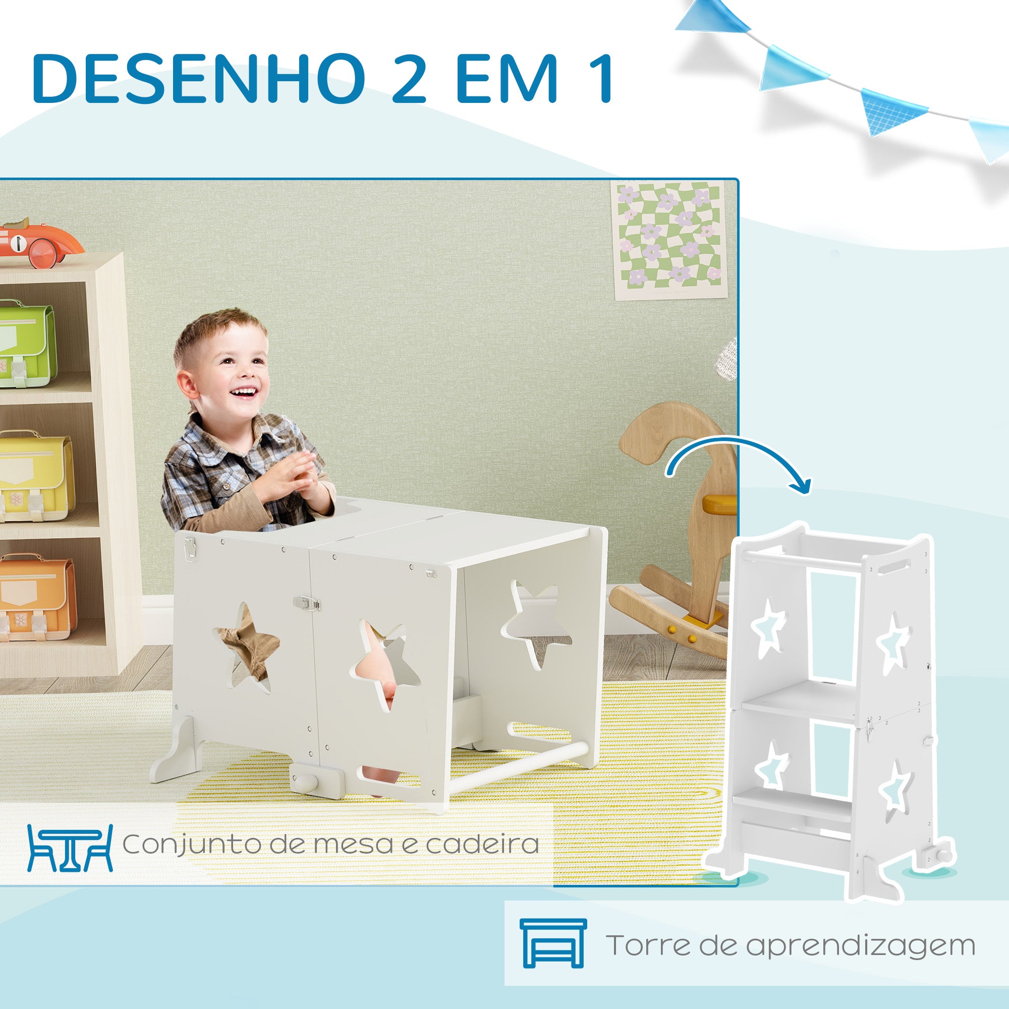Torre de Aprendizagem 2 em 1 60x44,5x86 cm Branco - Seguro e Versátil