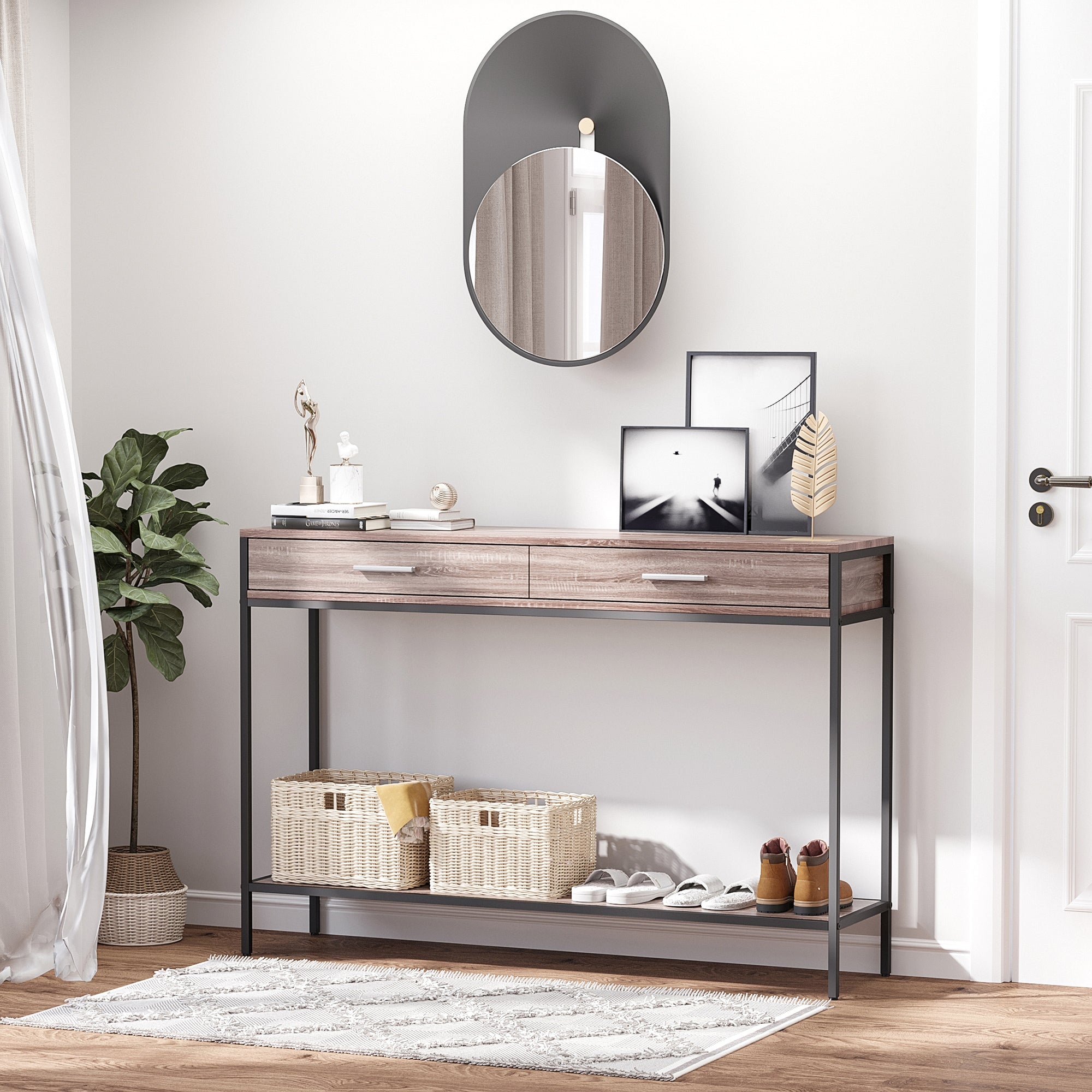 Mesa Consola – 120x30x81,5cm – Carvalho e Preto – Aço e Melamina de Madeira