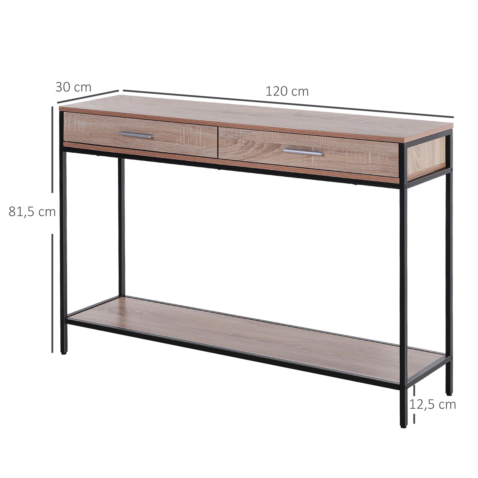 Mesa Consola – 120x30x81,5cm – Carvalho e Preto – Aço e Melamina de Madeira