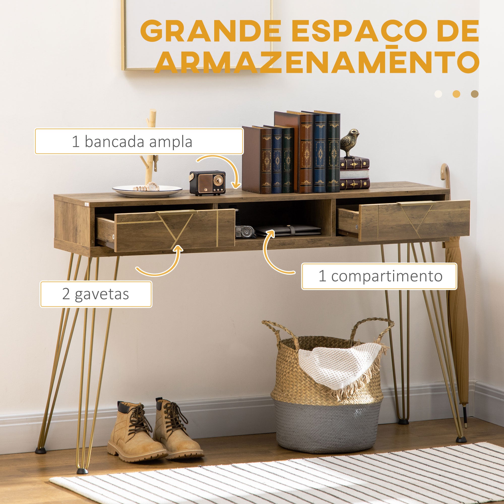 Consola Móvel de Entrada – 120x29x79cm – Bronze – Madeira e Aço