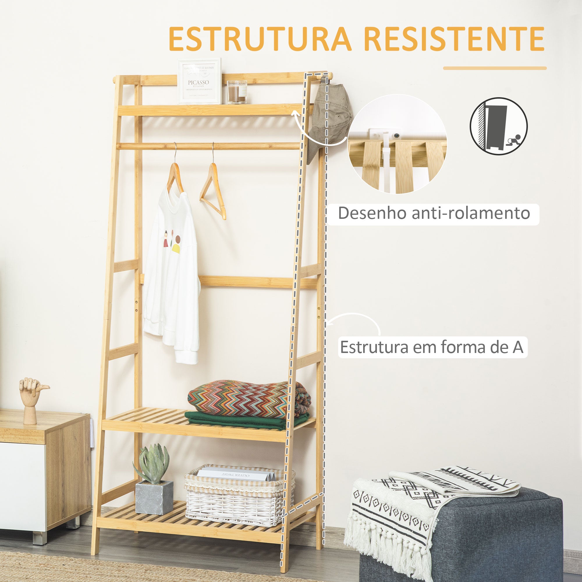 Suporte para Cabides de Bambu com Prateleira 3 Níveis 70x42x164 cm Cor de Madeira