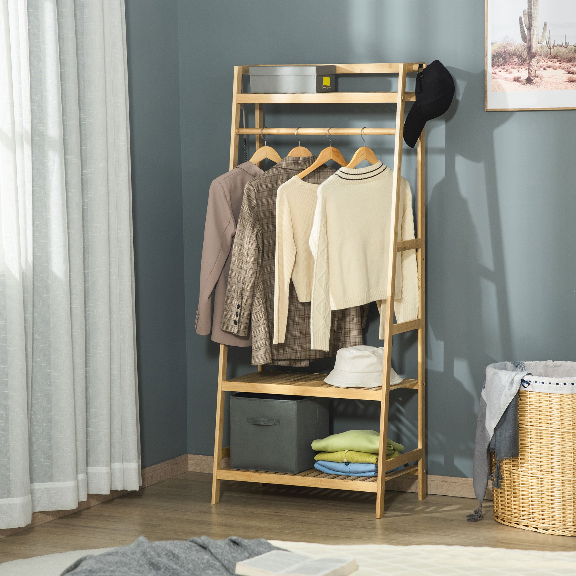 Suporte para Cabides de Bambu com Prateleira 3 Níveis 70x42x164 cm Cor de Madeira