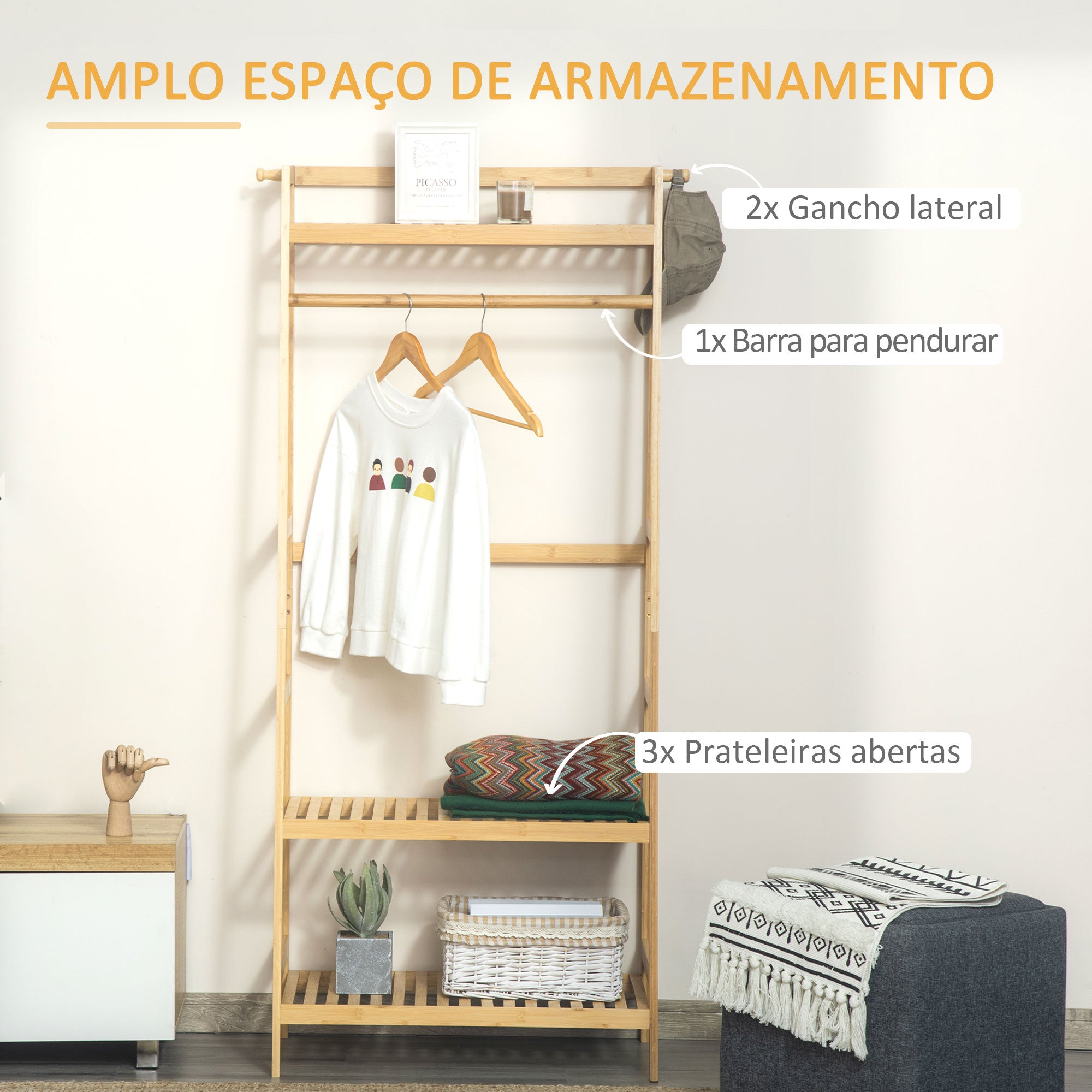 Suporte para Cabides de Bambu com Prateleira 3 Níveis 70x42x164 cm Cor de Madeira
