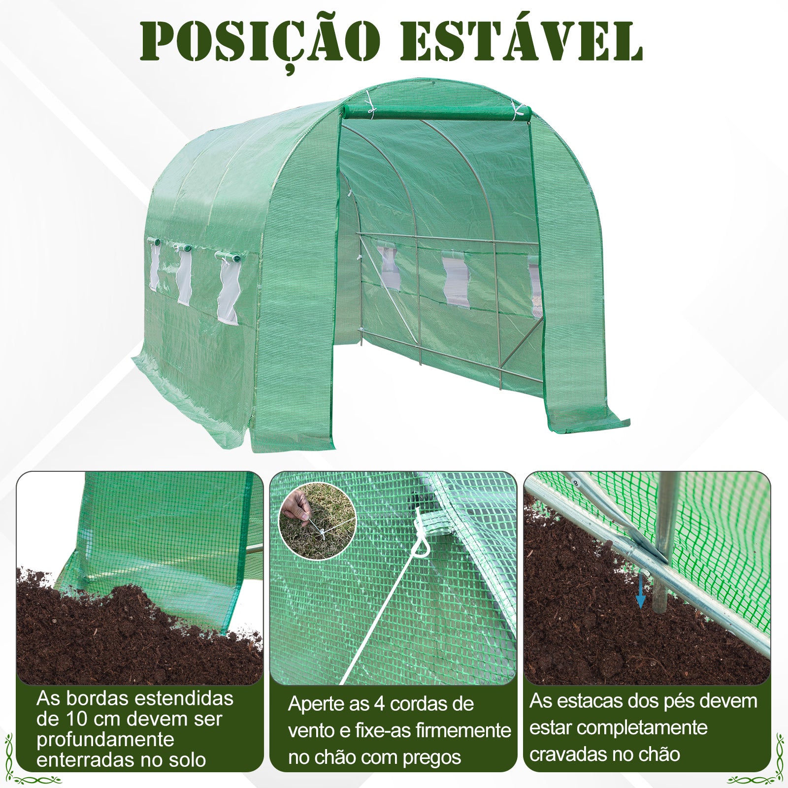 Estufa Túnel Verde 445x190x200 cm com 6 Janelas e Estrutura de Aço
