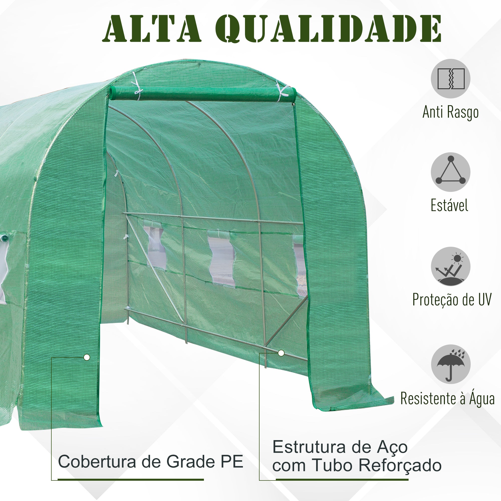 Estufa Túnel Verde 445x190x200 cm com 6 Janelas e Estrutura de Aço