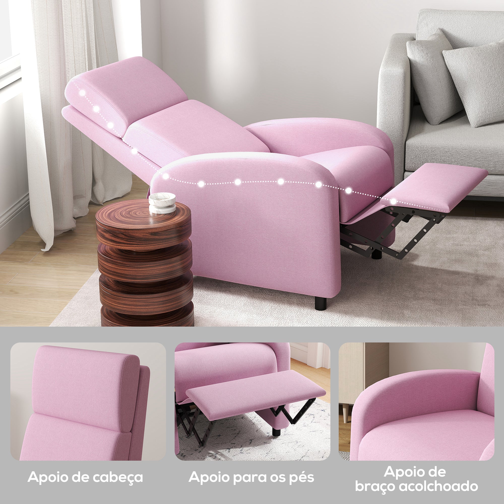Poltrona Relax Reclinável 160° Rosa 64x86x102 cm