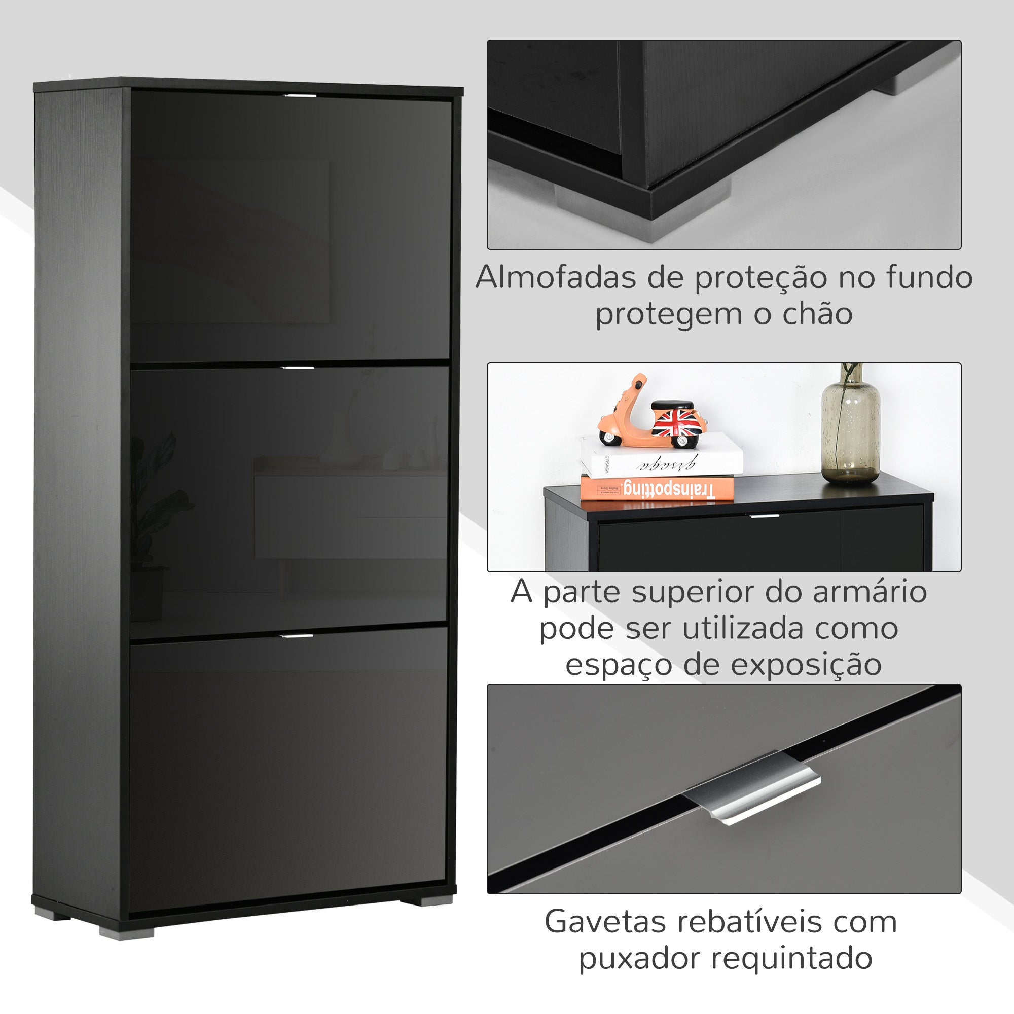 Sapateira Vertical Moderna Preto 60x26x124cm