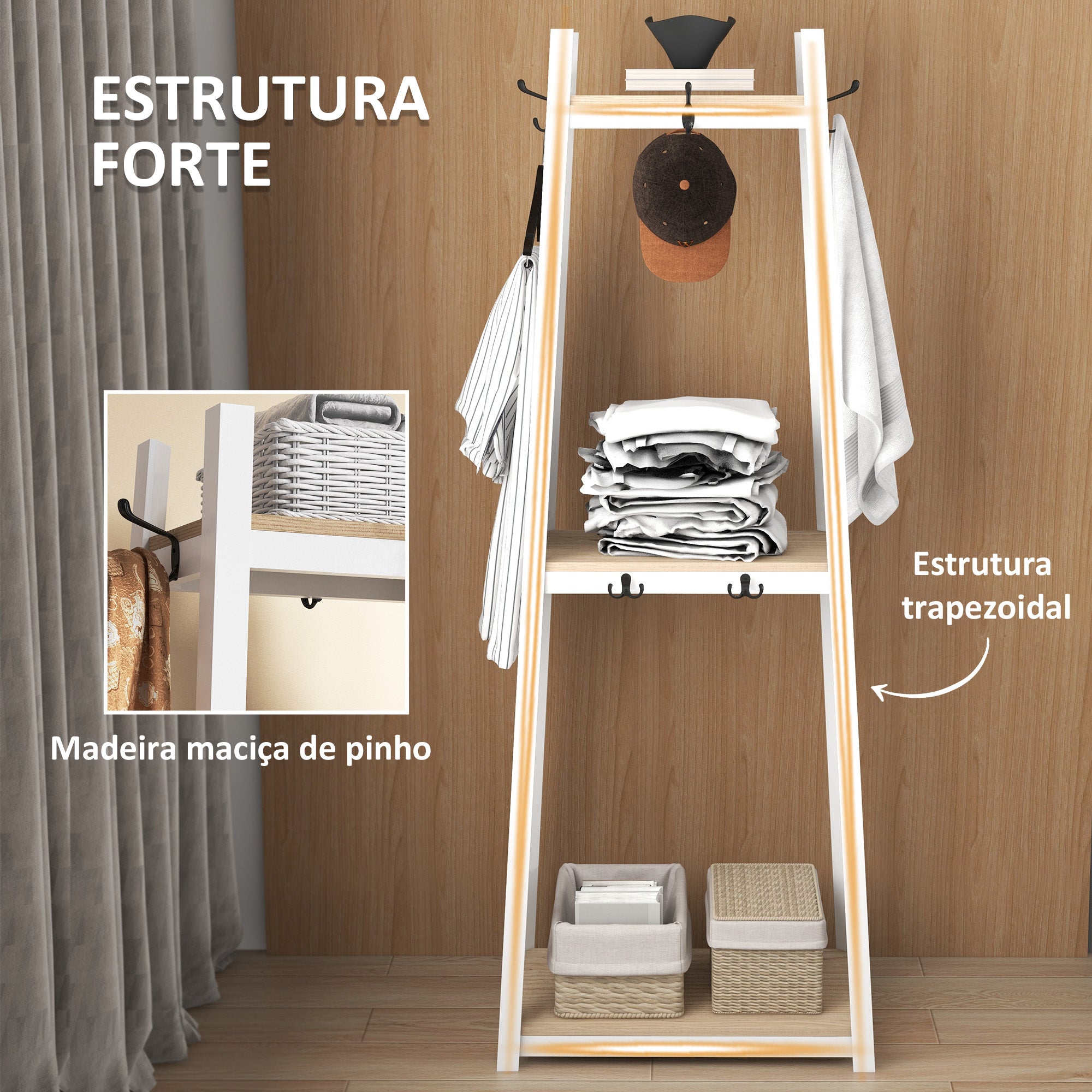 Suporte para Cabides 3 Níveis Cor Natural 61x41x165 cm
