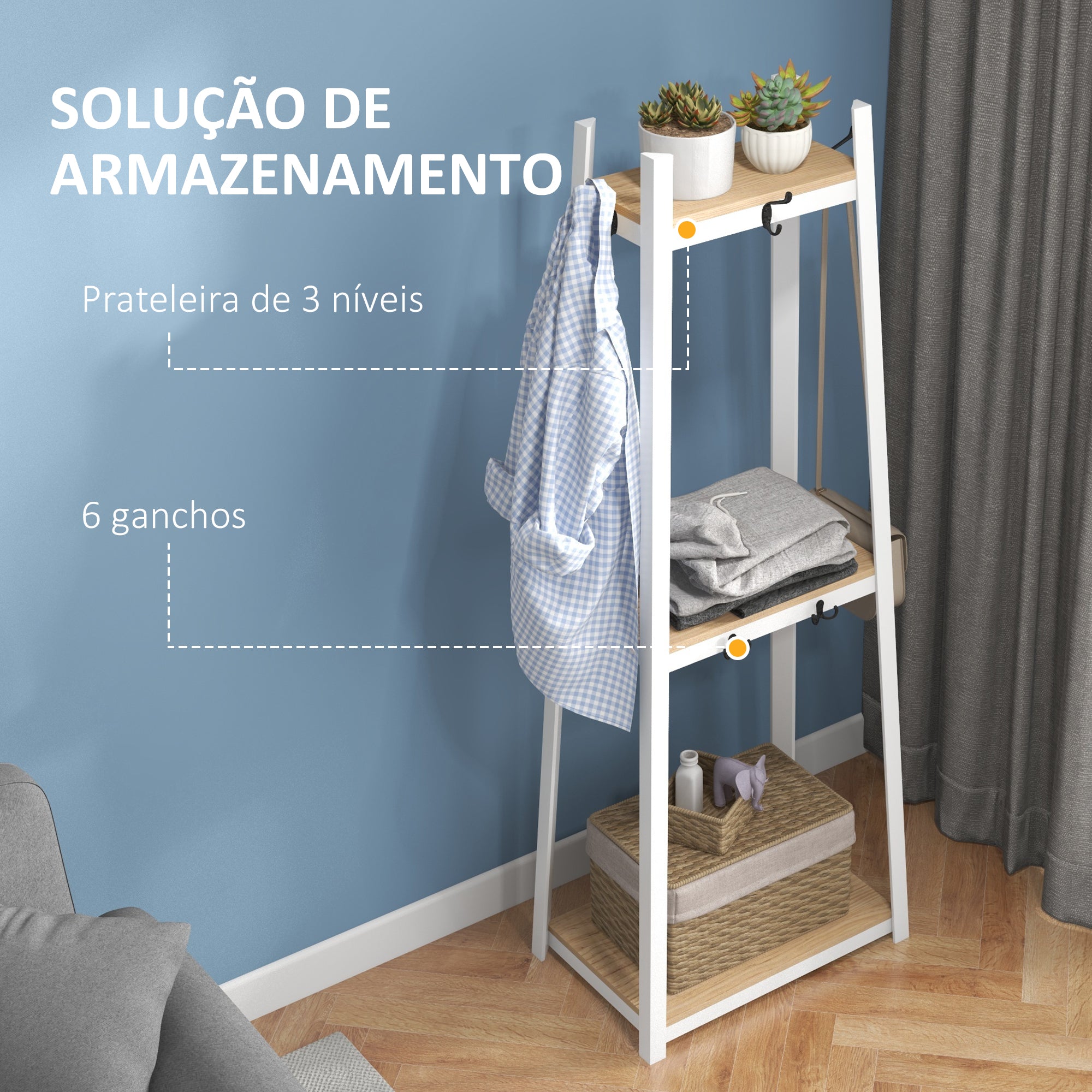 Suporte para Cabides 3 Níveis Cor Natural 61x41x165 cm