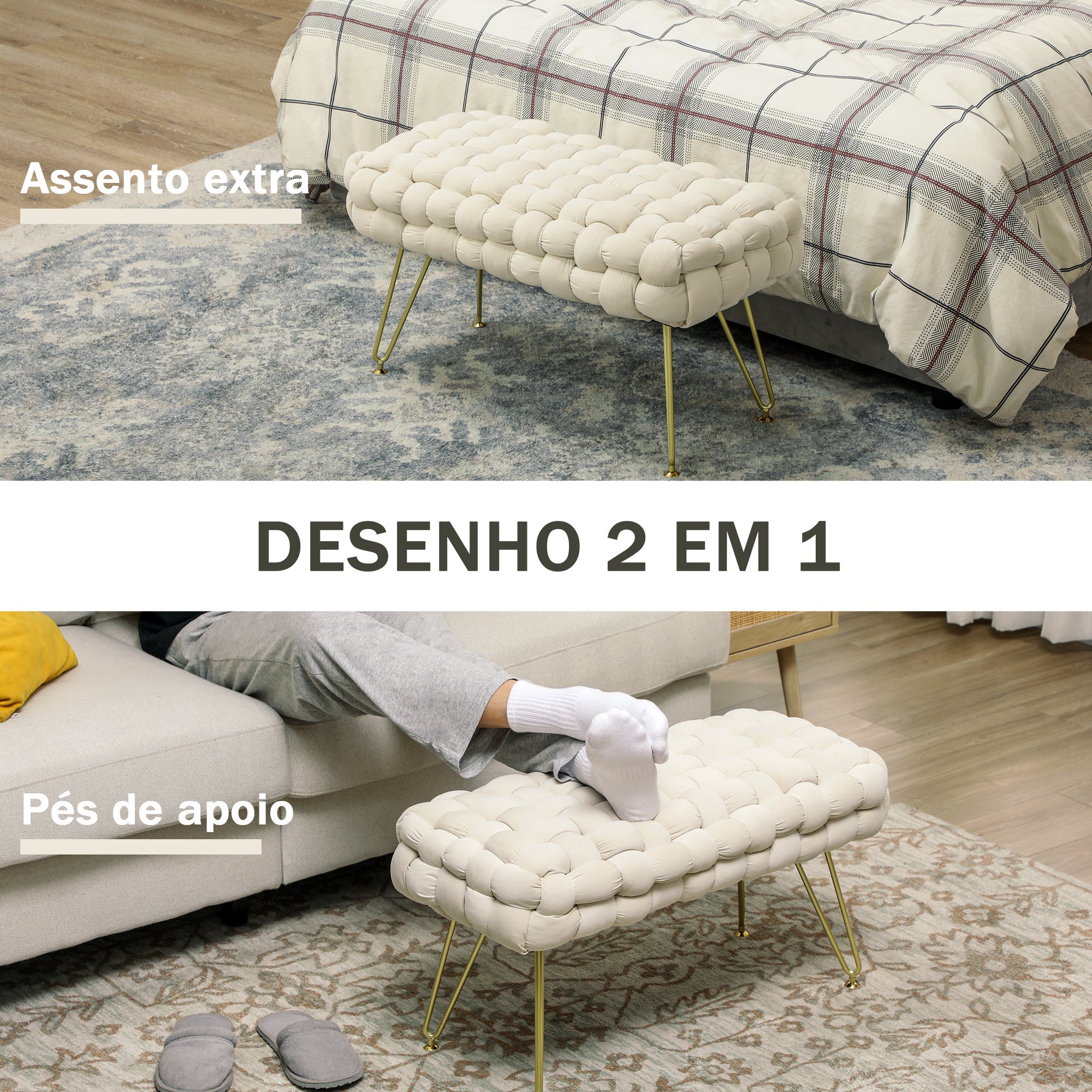 Apoio para os Pés em Veludo Creme 76x38x41,5 cm