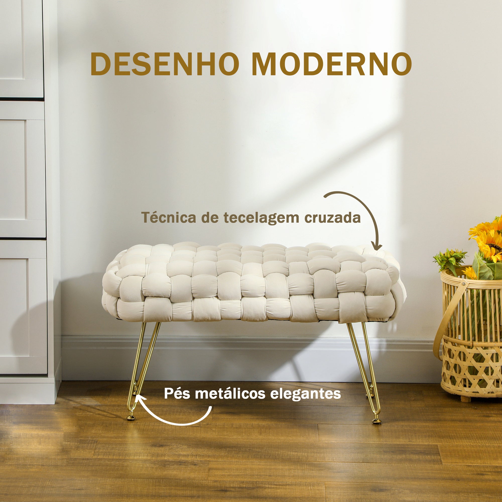Apoio para os Pés em Veludo Creme 76x38x41,5 cm