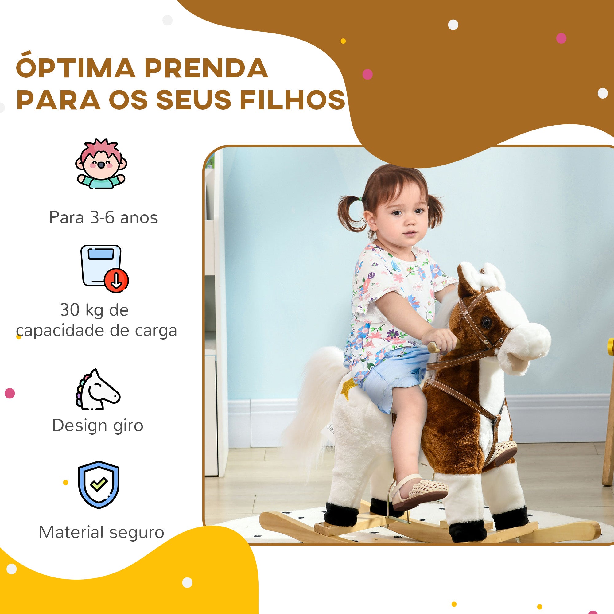 Cavalo Baloiço Infantil Marrom e Branco 68x26x62 cm
