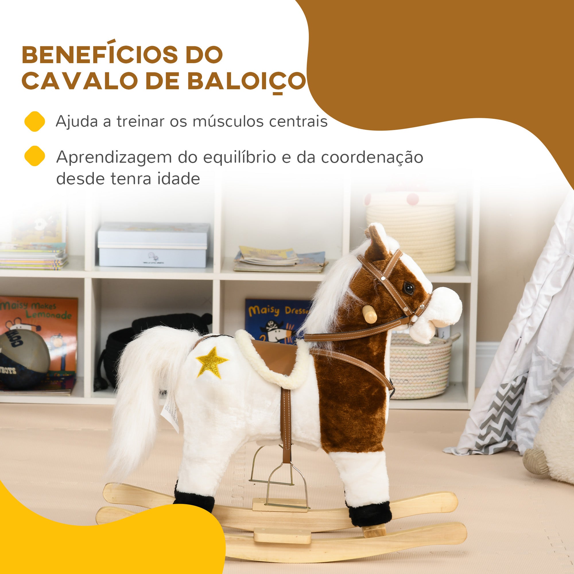 Cavalo Baloiço Infantil Marrom e Branco 68x26x62 cm