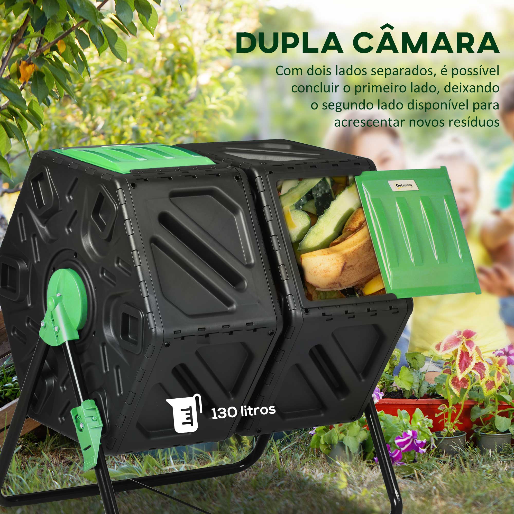 Compostor Giratório de 130L – 67x60x77 cm – Preto e Verde – PP e Aço
