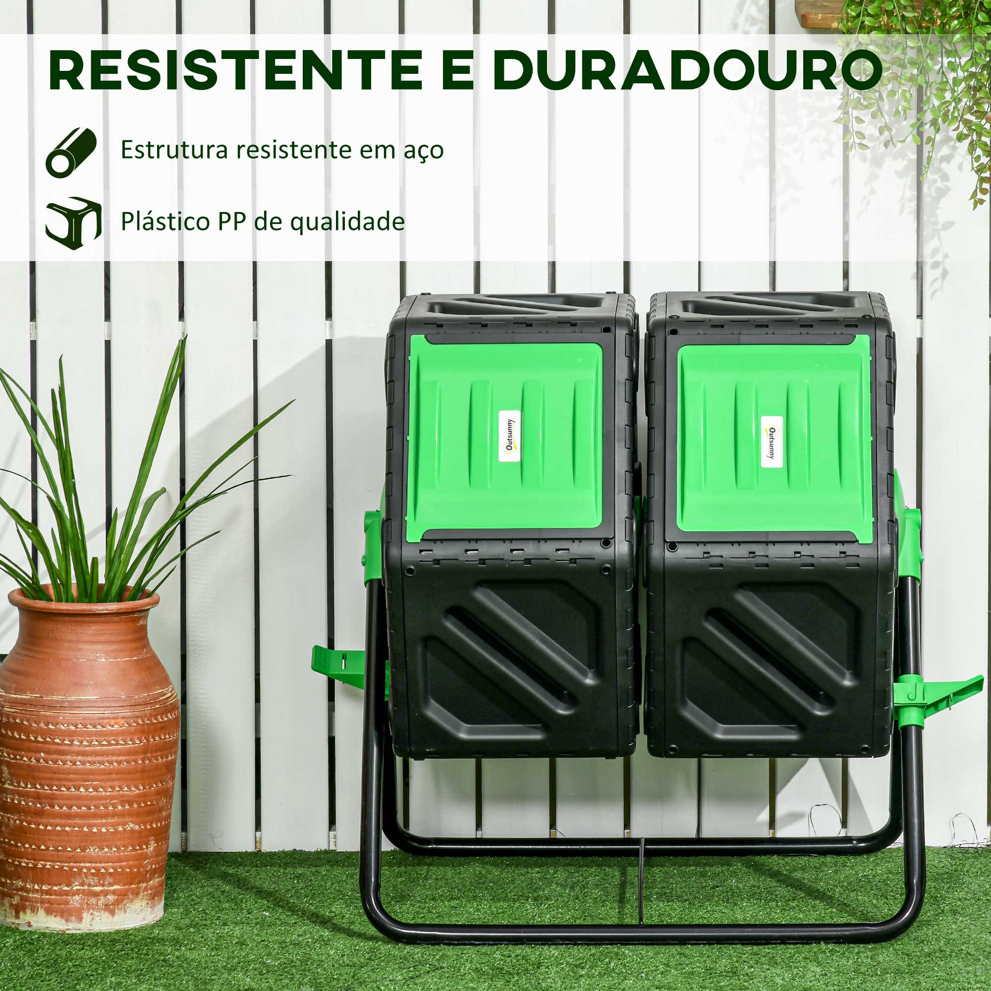 Compostor Giratório de 130L – 67x60x77 cm – Preto e Verde – PP e Aço