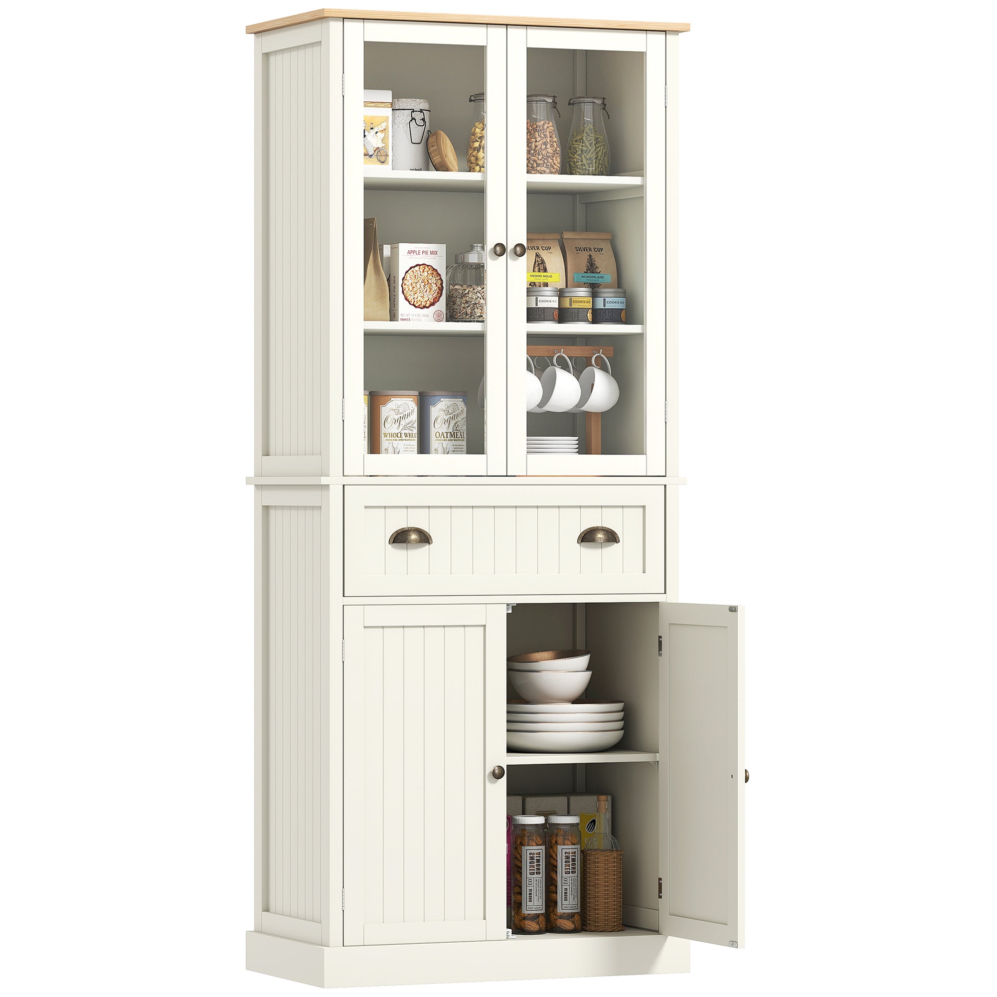 Armário de Cozinha com 2 Portas de Vidro e Gaveta 76x40x182.5cm Branco