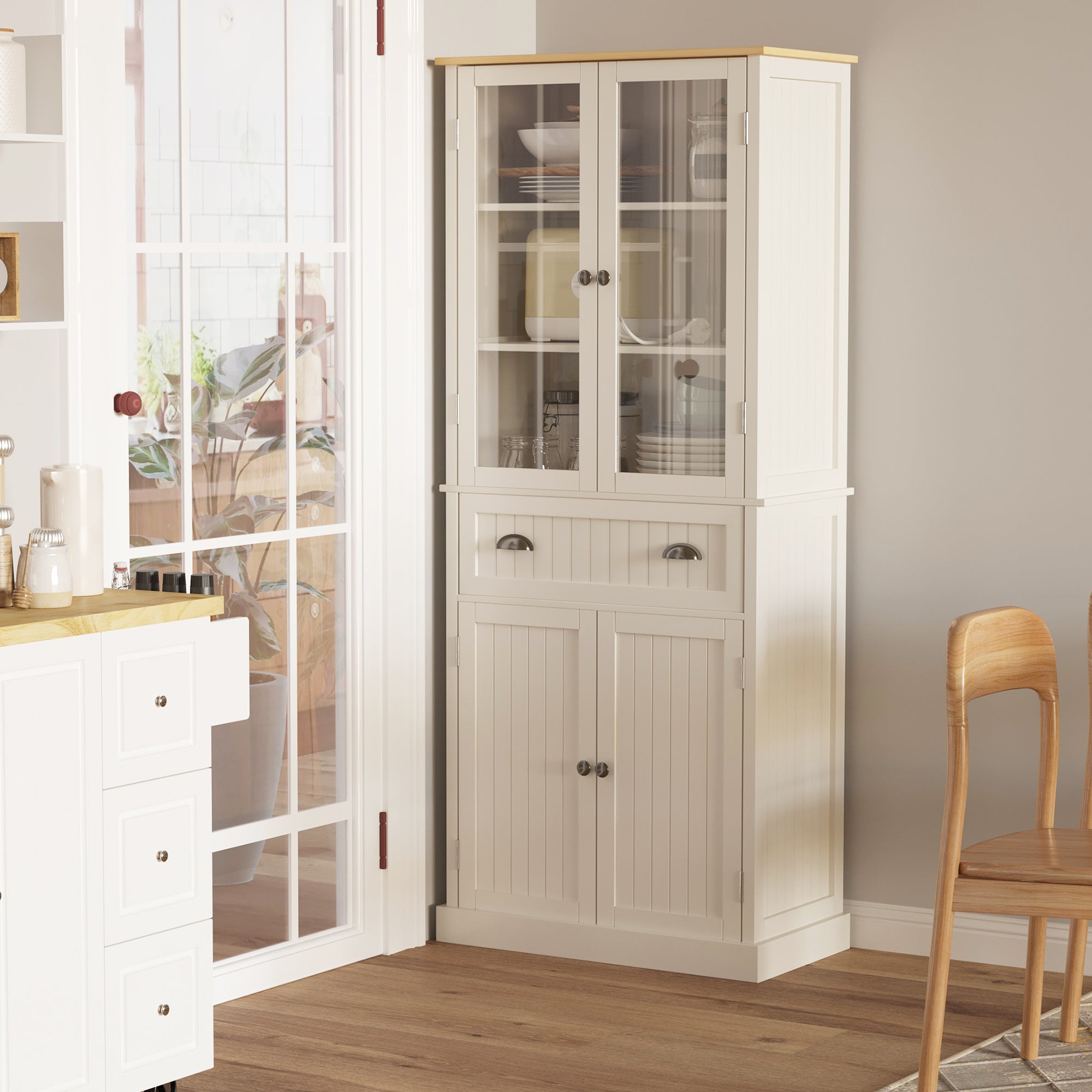 Armário de Cozinha com 2 Portas de Vidro e Gaveta 76x40x182.5cm Branco