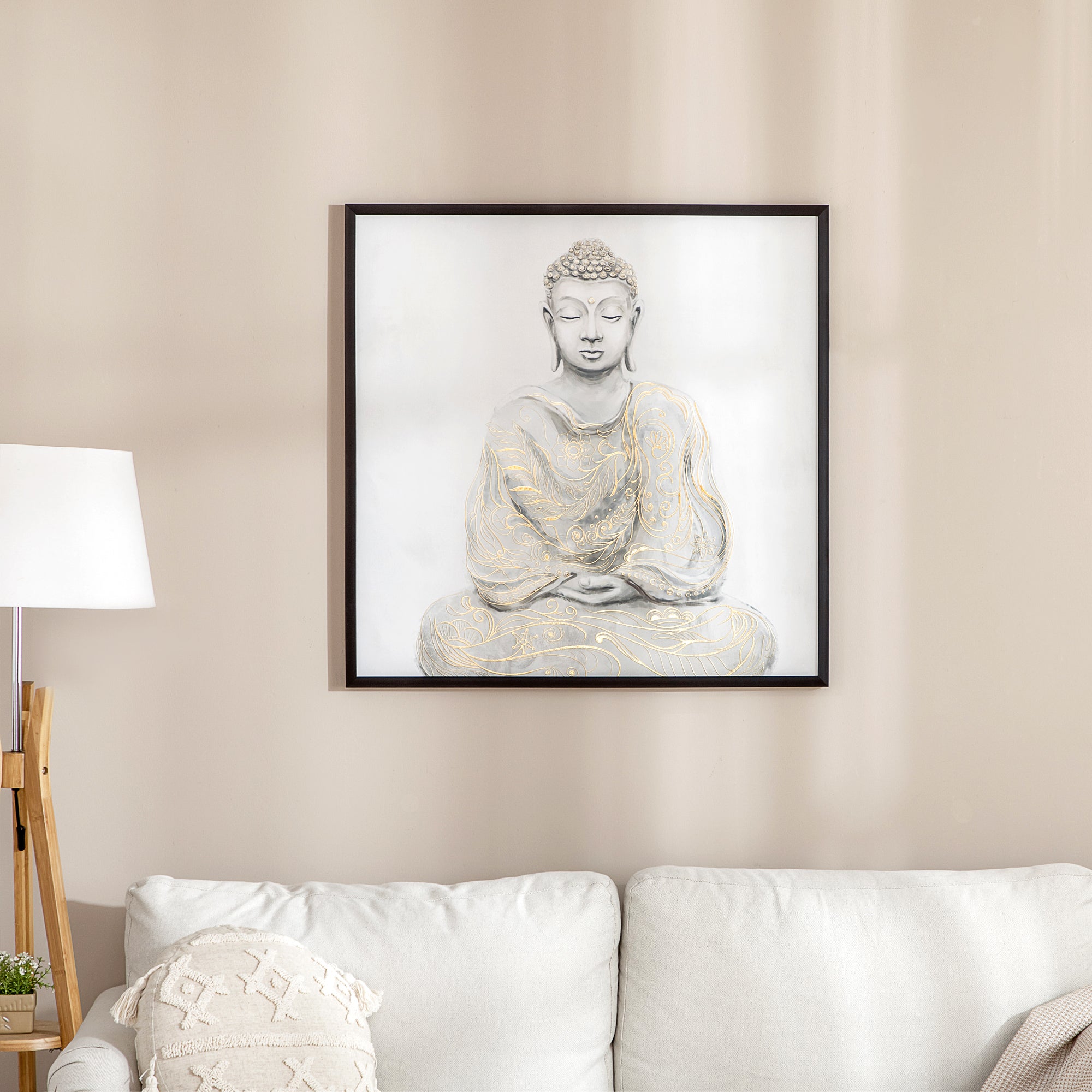 Pintura em Lona de Buda Multicor 83x83cm com Textura Dourada