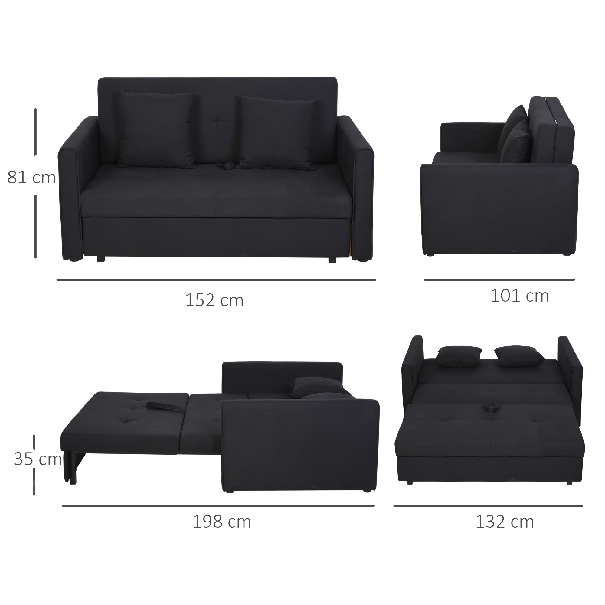 Sofá Cama de 2 Lugares – 152x101x81cm – Cinza Carvão – Algodão