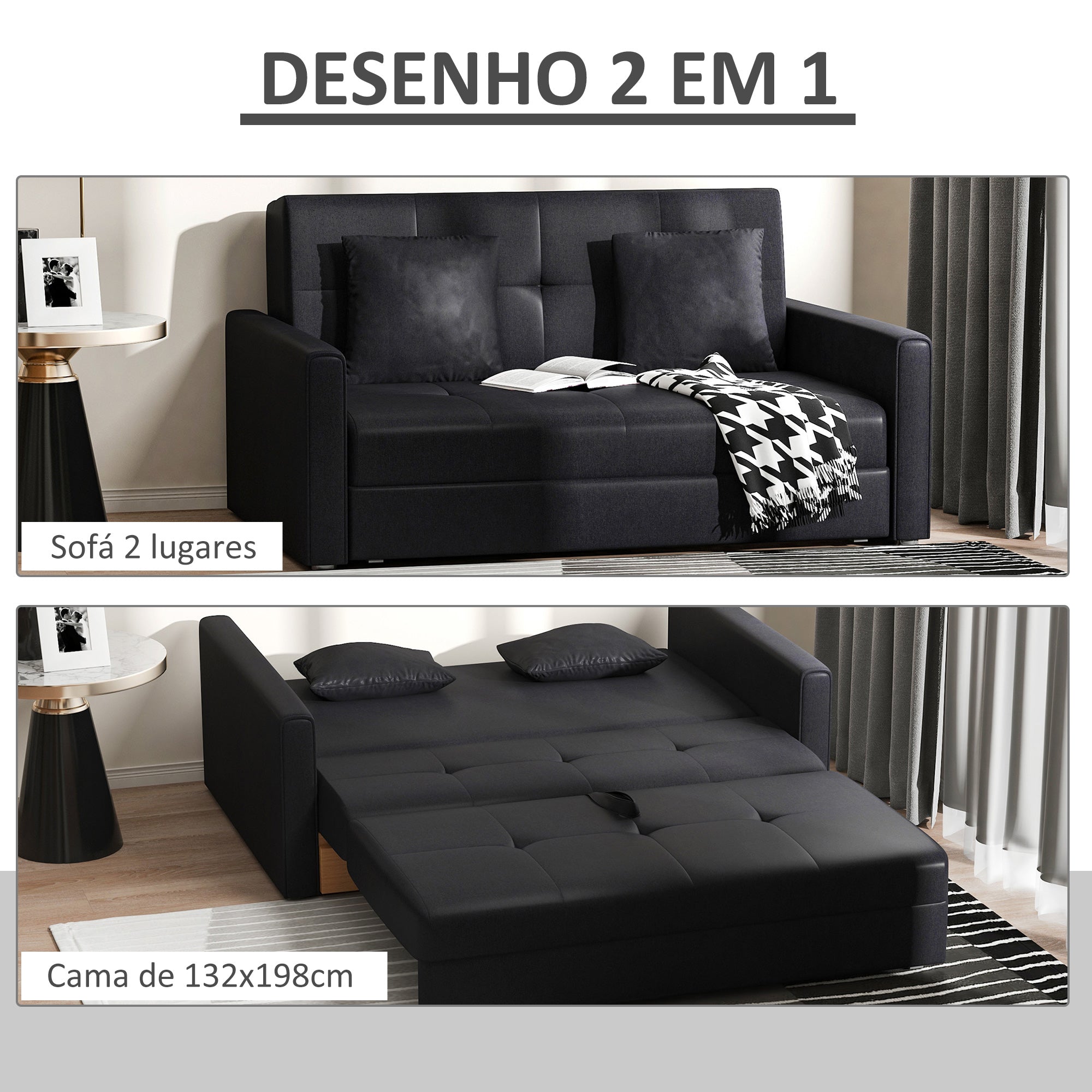 Sofá Cama de 2 Lugares – 152x101x81cm – Cinza Carvão – Algodão